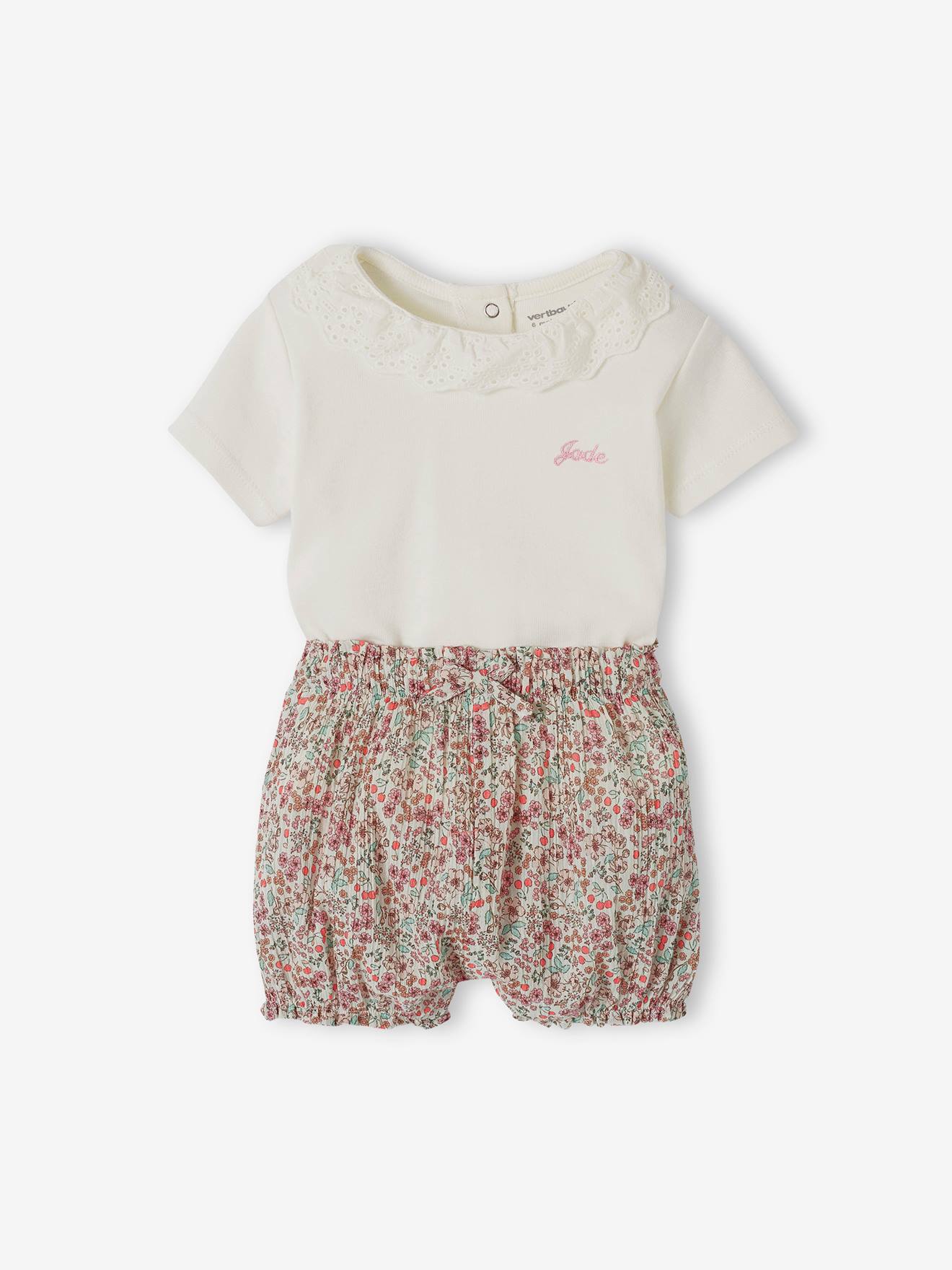 Vertbaudet Baby-Set: T-Shirt mit Kragen & geblümte Shorts, personalisierbar - wollweiß