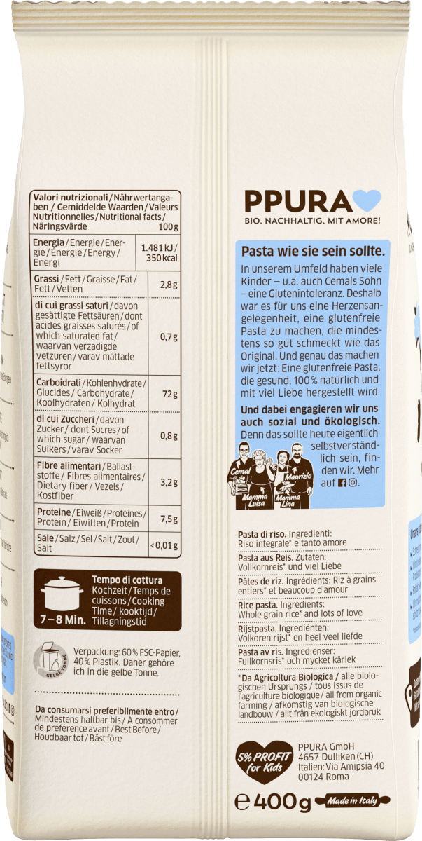 Nudeln, Fusilli aus Vollkornreis, glutenfrei, 400 g
