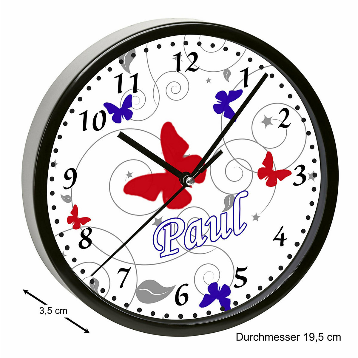 Kinder Wanduhr personalisiert mit Name Schmetterling Rot Blau Grau