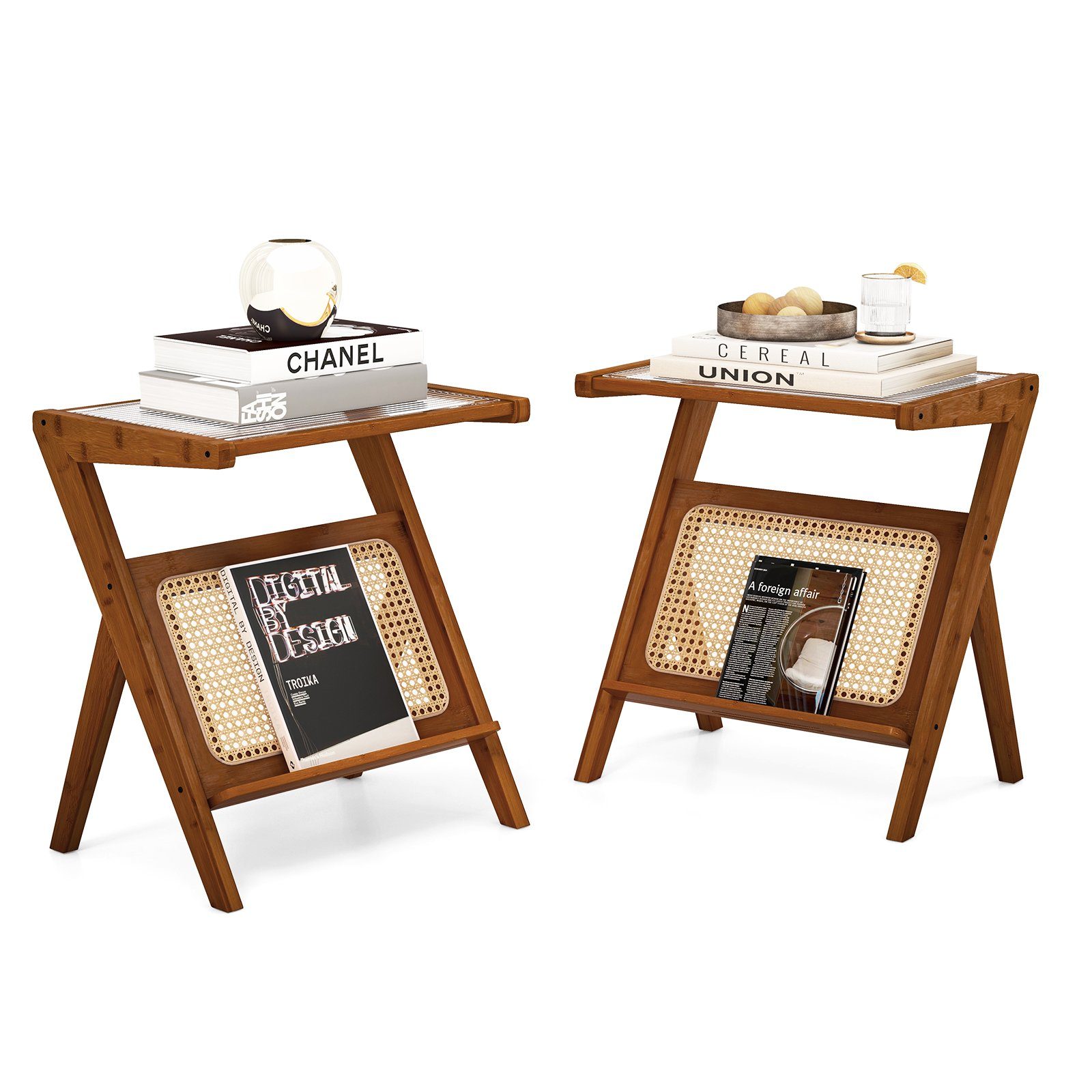 COSTWAY Couchtisch, Bambus, mit gehärteter Glasplatte & Rattan Magazinhalter