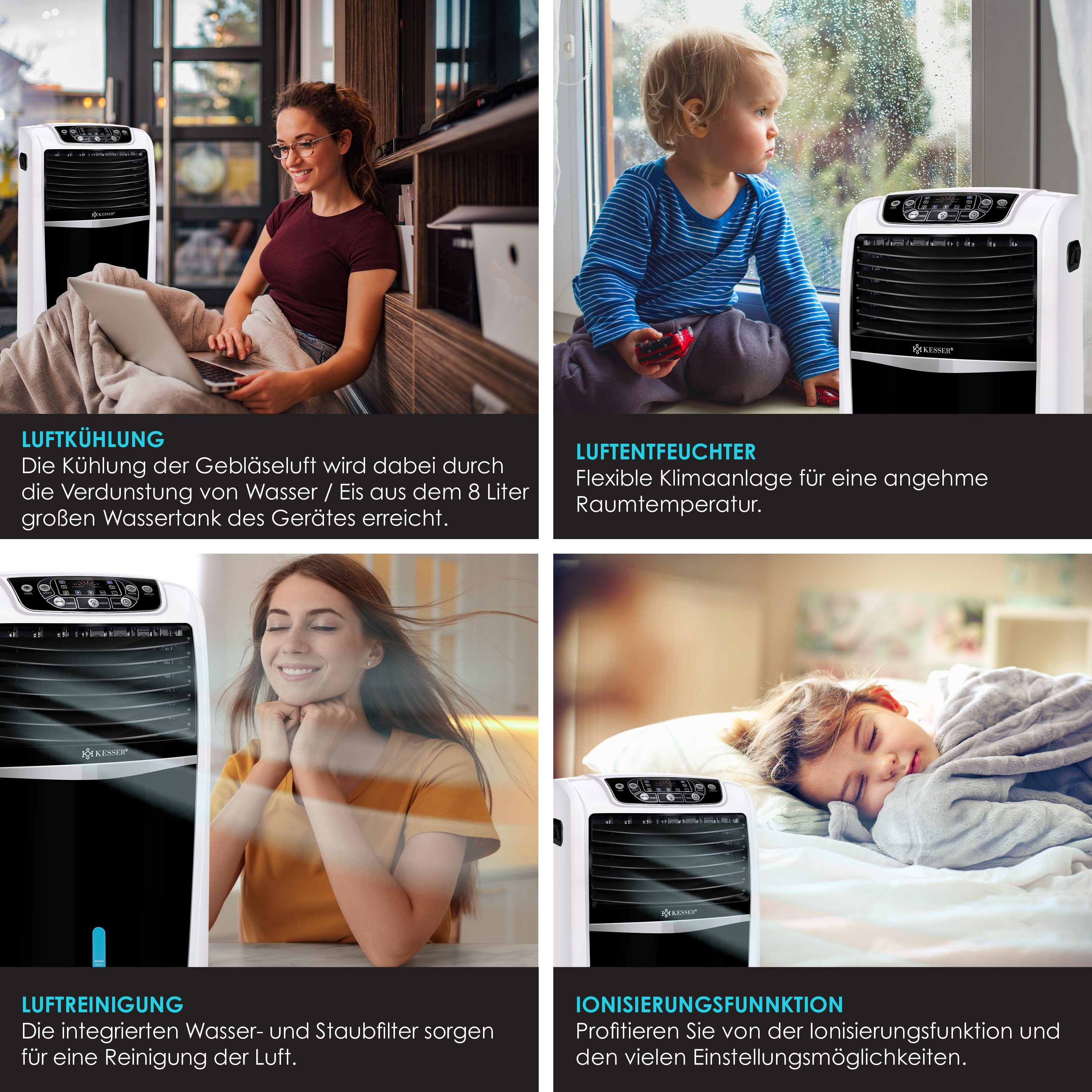 KESSER Turmventilator, 4in1 Mobile Klimaanlage Fernbedienung Klimagerät Ventilator