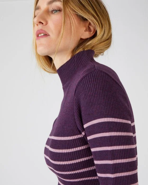 Pull col montant, 50% laine mérinos, uni et rayé