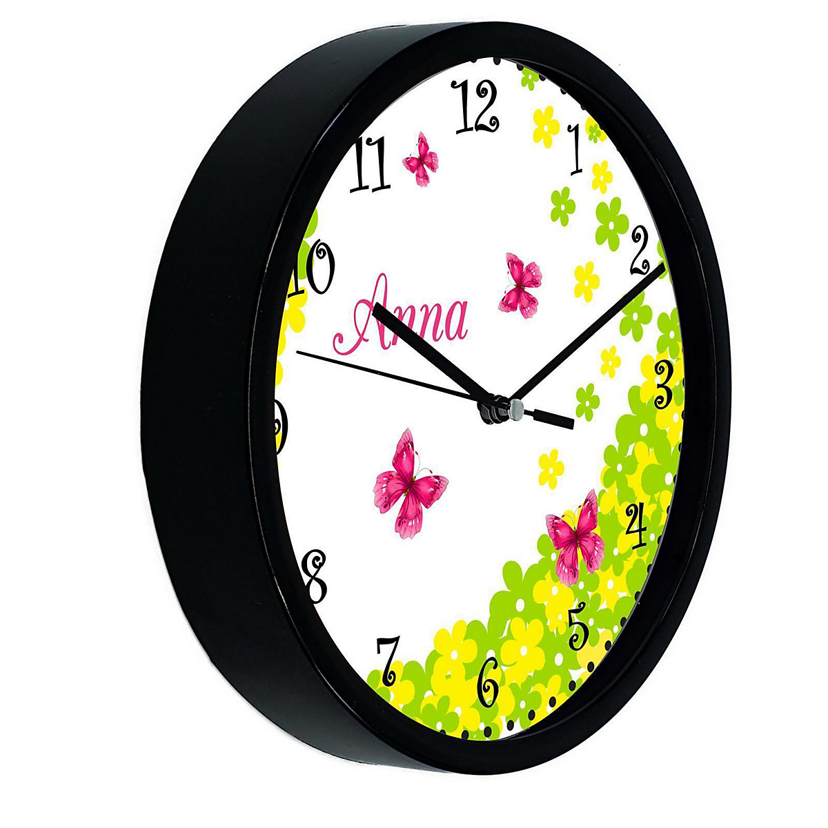 Kinder Wanduhr laufruhig personalisiert mit Name Schmetterling Blume