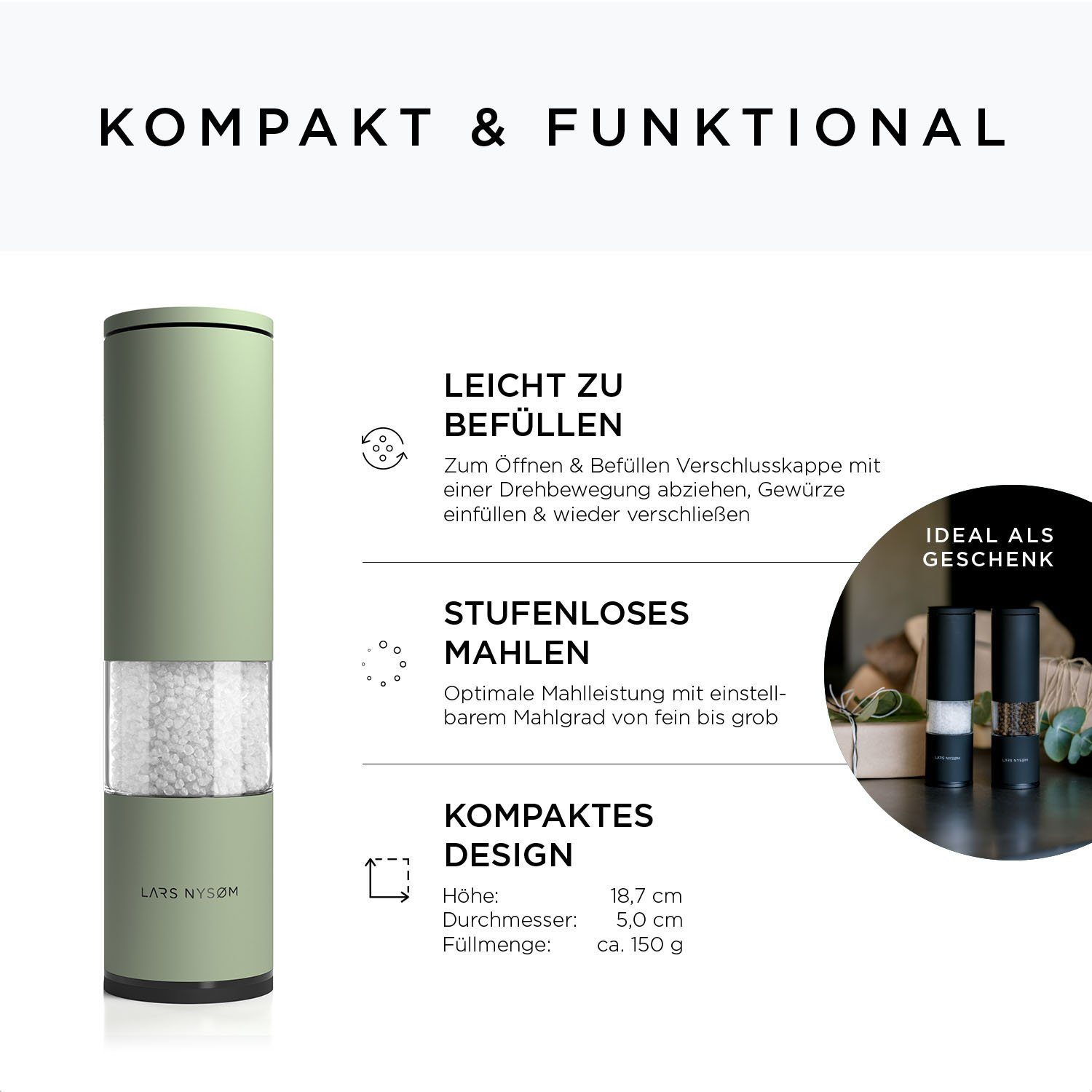 LARS NYSØM Salz-/Pfeffermühle Lagom Manuell, mit einstellbarem Keramik-Mahlwerk