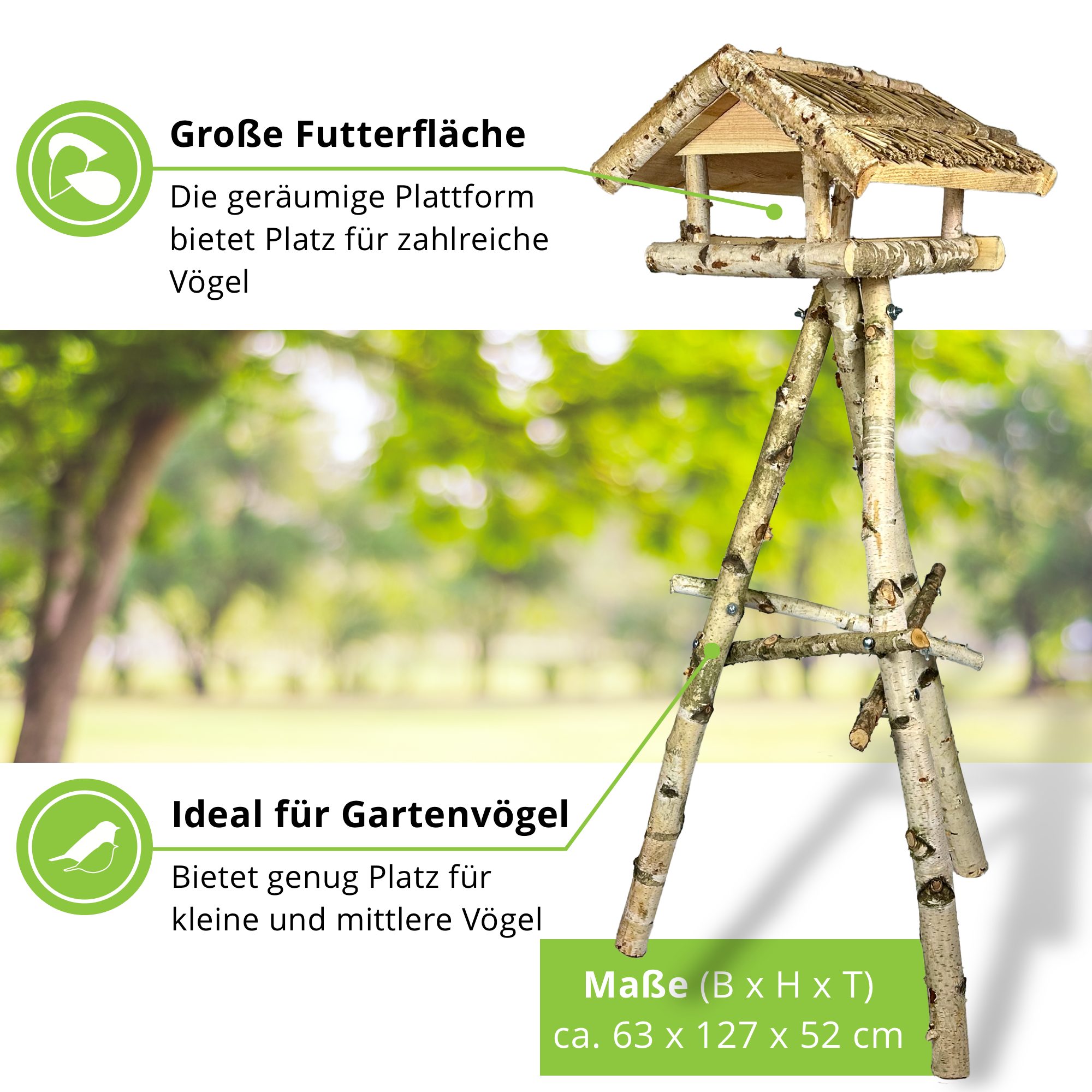 gartenetage Vogelhaus Birken Vogelfutterhaus mit Ständer und Reetdach, liebevolle Handarbeit, Wetterfest
