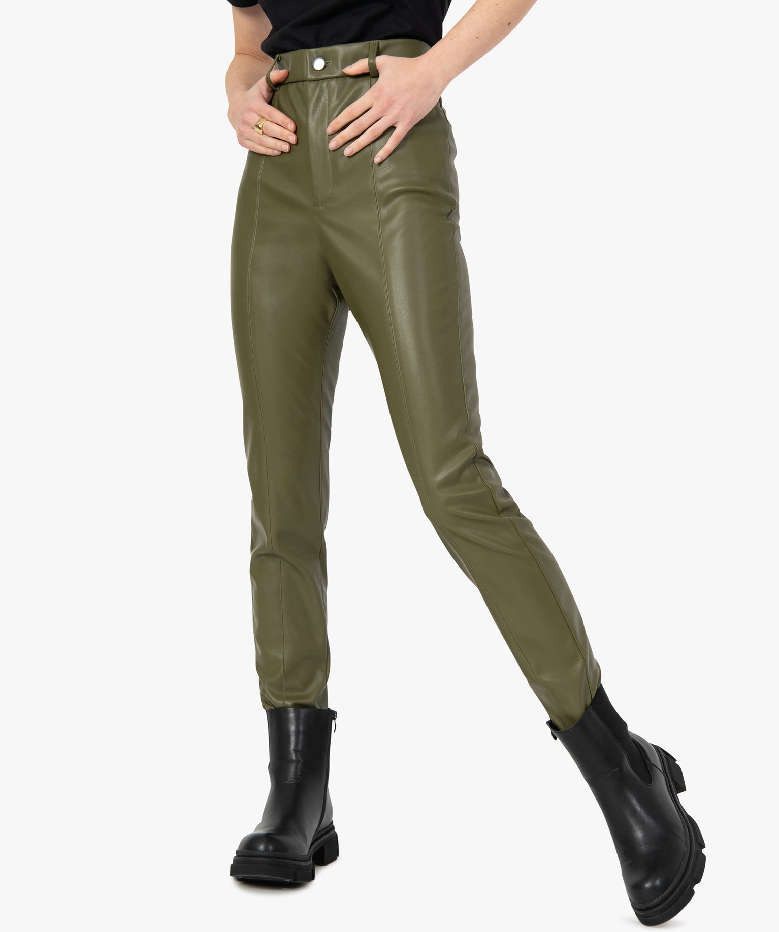 Pantalon femme taille haute en synthétique esprit rock kaki | GEMO