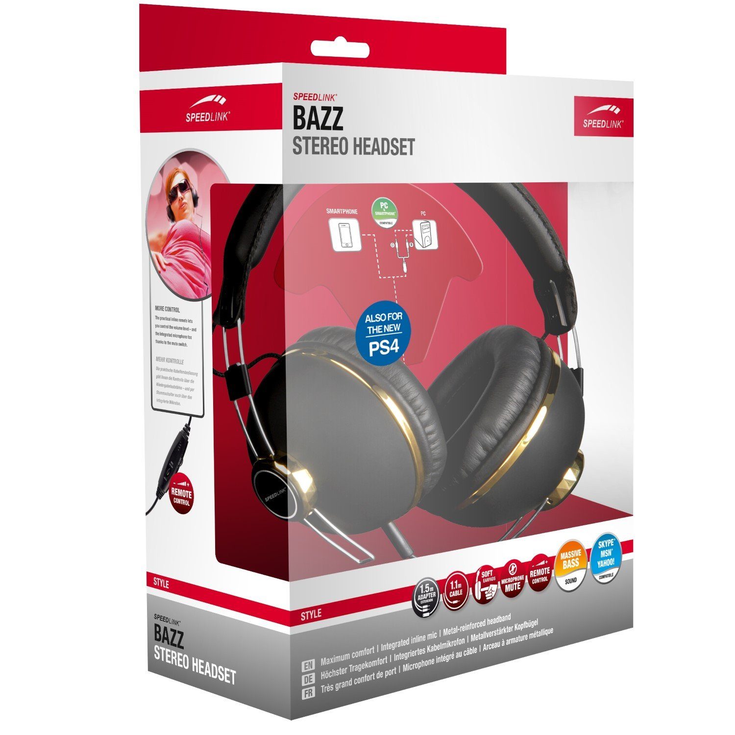 Speedlink BAZZ Over-Ear Headset + Mikrofon 3,5mm Klinke Headset (Integrierte Kabelfernbedienung mit Lautstärkeregeler, Mikrofon-Stummschaltung, auch passend für PS5 PS4 Xbox Series X/S One, Stereo, Kopfhörer Handy MP3 Hifi)