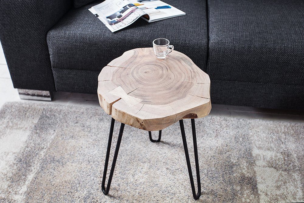 riess-ambiente Beistelltisch GOA Ø40cm natur / schwarz (Einzelartikel, 1-St), Massivholz · rund · Hairpin Legs aus Metall · Baumscheibe · Baumstamm