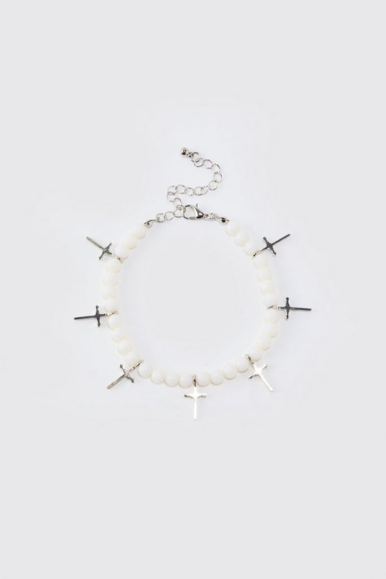 Weißes Perlen-Armband mit Kreuz-Anhänger