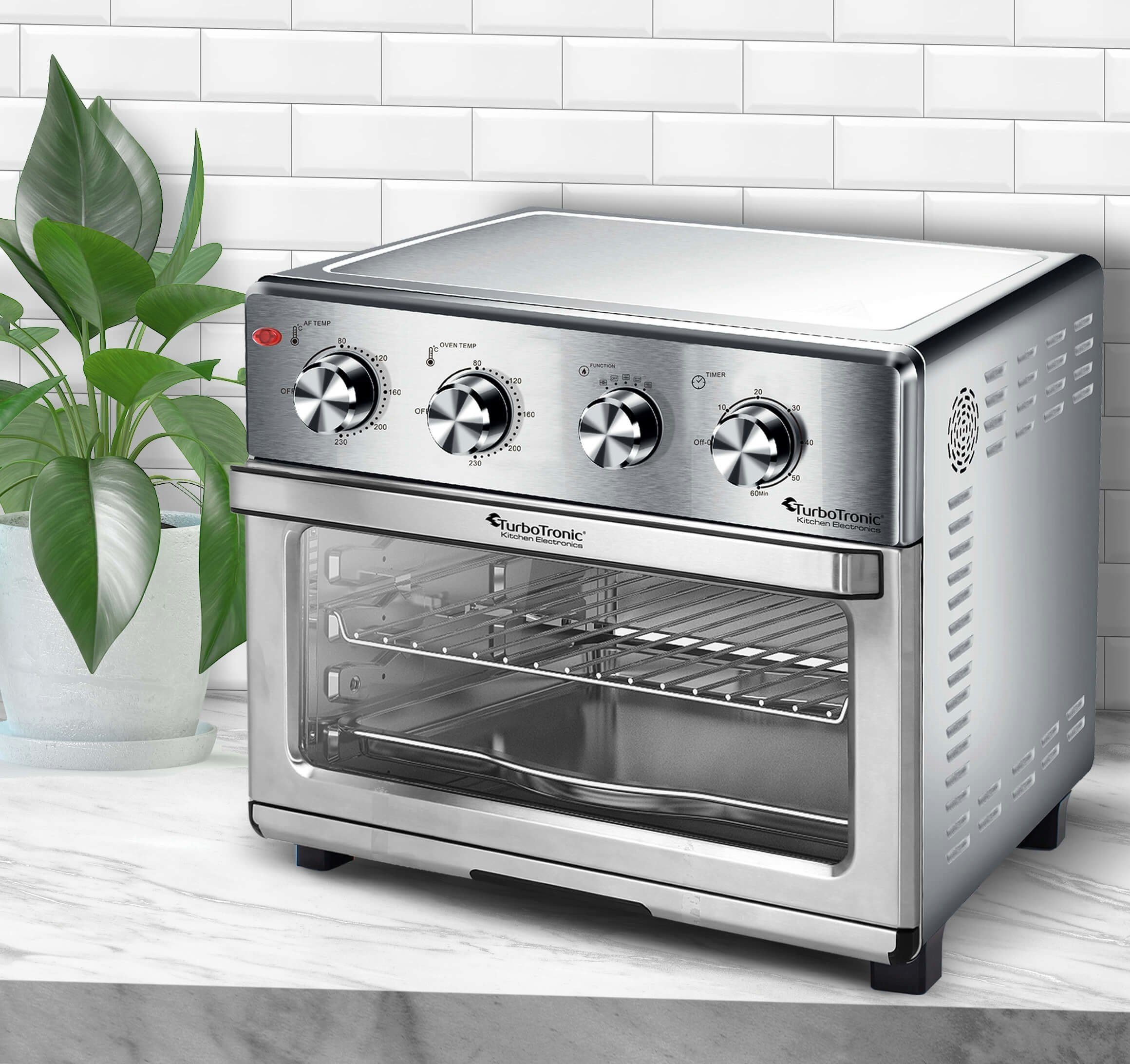 TurboTronic by Z-Line Minibackofen XXL 32 Liter mit Drehspieß für Hähnchen 4in1 Mini Backofen, Power Heißluftfritteuse Airfryer ab 80°C AF32MRD silber