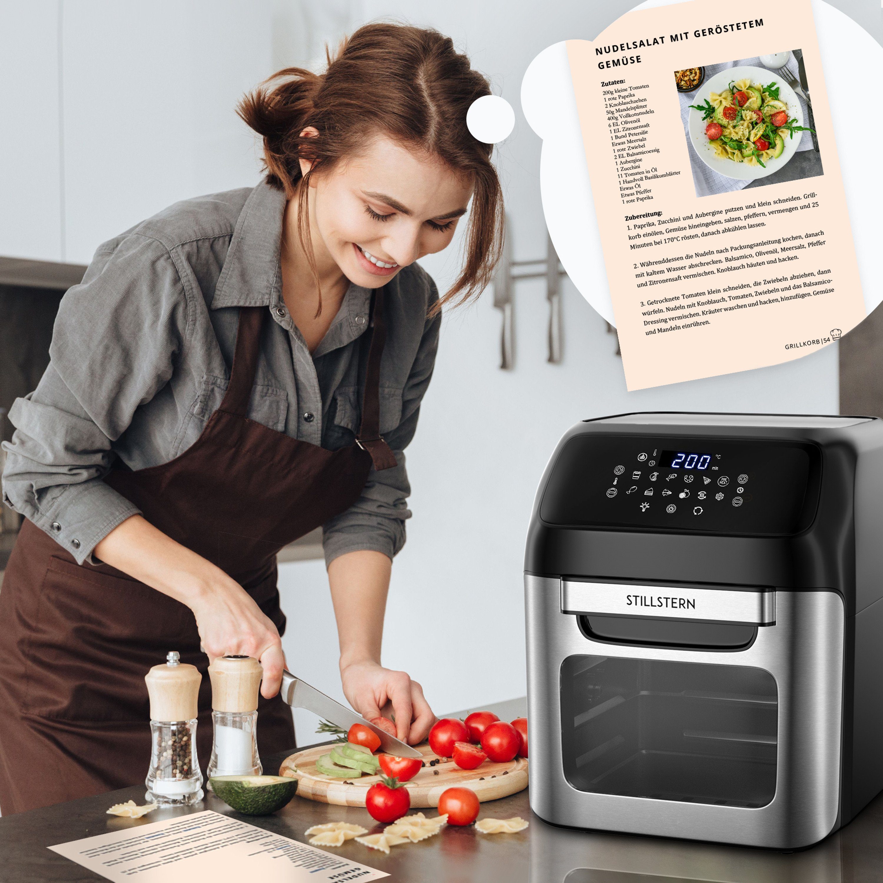 Stillstern Heißluftfritteuse MULTI-FryHD Touch 10.1, 4-in-1 (Frittieren, Backen, Dörren & Grillen), 12L mit 12 Kochprogramme, Vorheizen & Warmhalten
