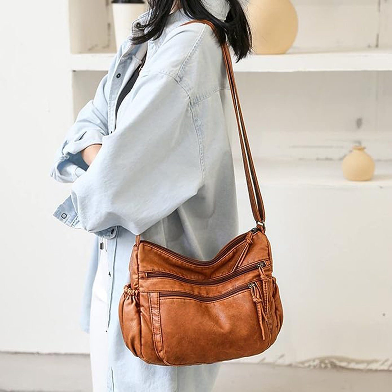 SCOBAG Umhängetasche Umhängetasche Damen Handytasche (1-tlg., mit Breiter Gurt), Leder Crossbody Bag