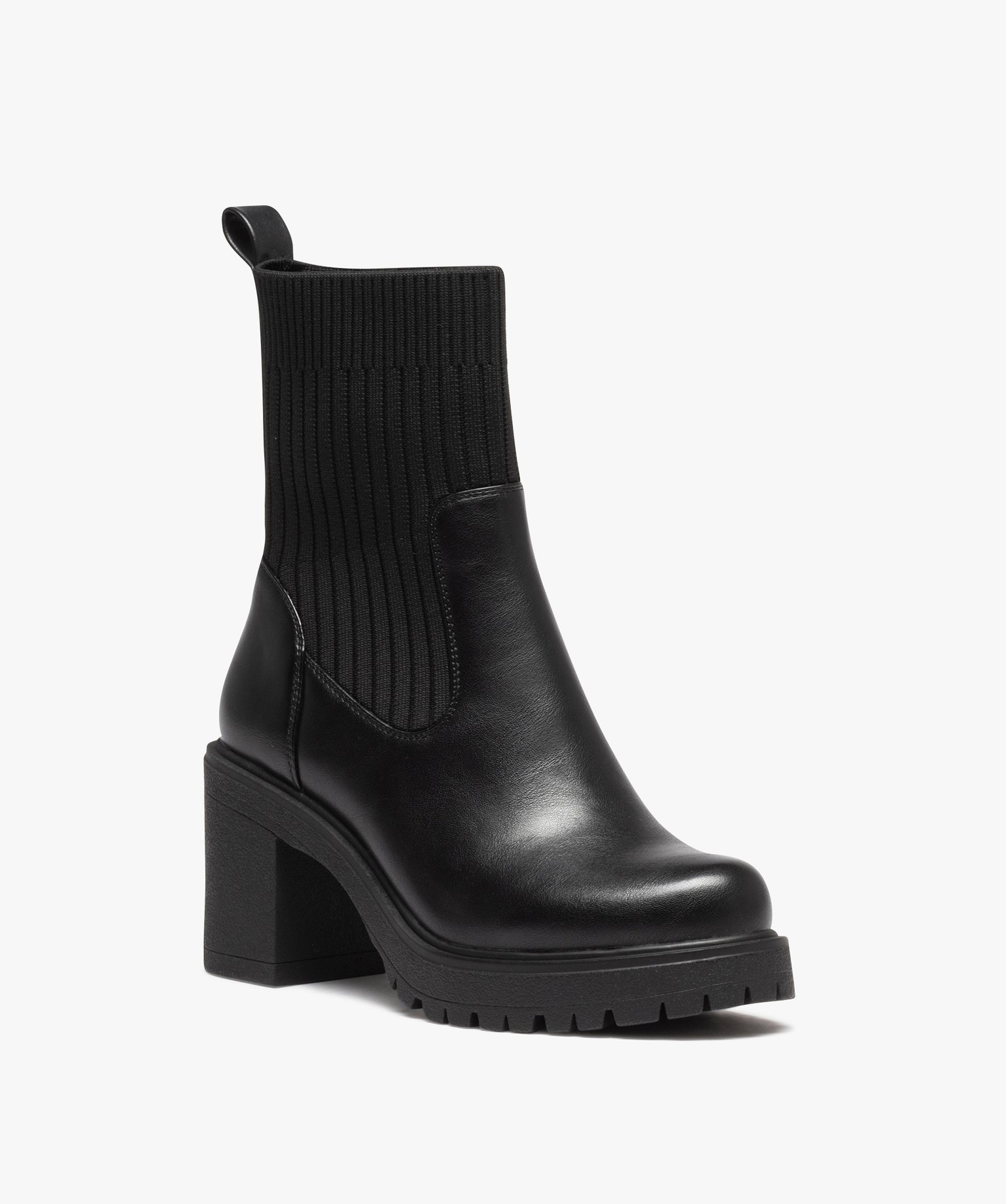 Boots femme unies à talon carré et col chaussette noir | GEMO