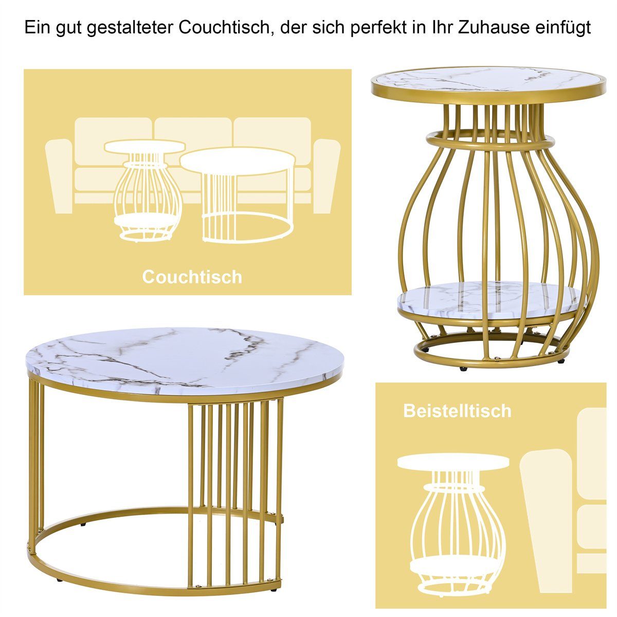 XDeer Couchtisch Couchtisch 2er Set,robustes Sofatisch Wohnzimmertisch Rund, Beistelltisch mit golden Eisengestell(70*70*45.5/45*45*53.5cm)