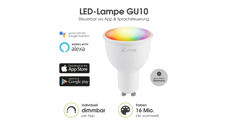 XLayer Smart Home WiFi LED GU10 - 4.5 Watt Lampe - Birne Mehrfarbig, Dimmbar, Warm- und Kaltweiß