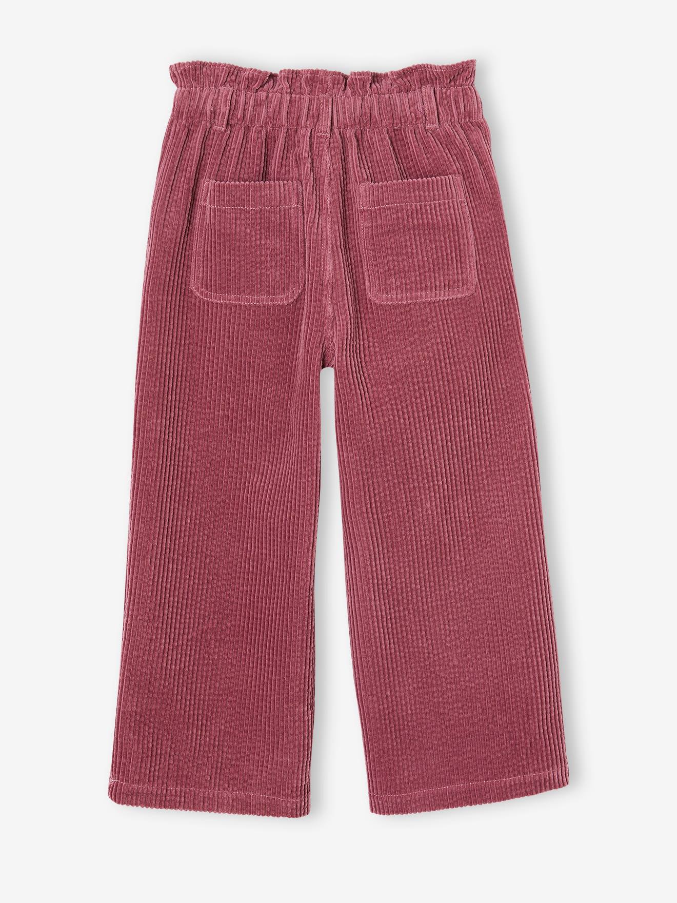 Pantalon large en velours côtelé style paperbag fille mauve