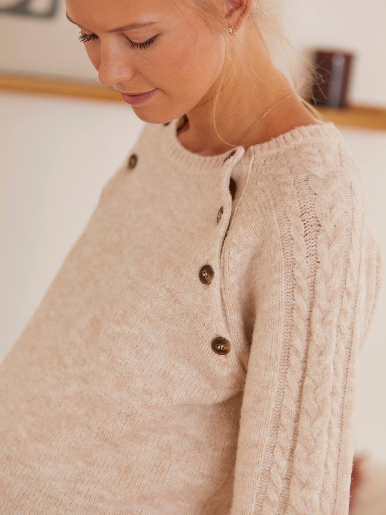 Vertbaudet Pullover mit Zopfmuster für Schwangerschaft & Stillzeit - wollweiß