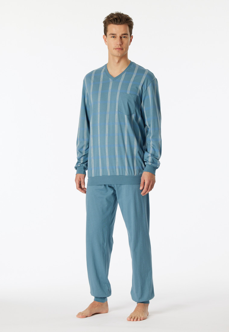 Schlafanzug lang Organic Cotton V-Ausschnitt Bündchen Brusttasche blaugrau kariert - Comfort Nightwear