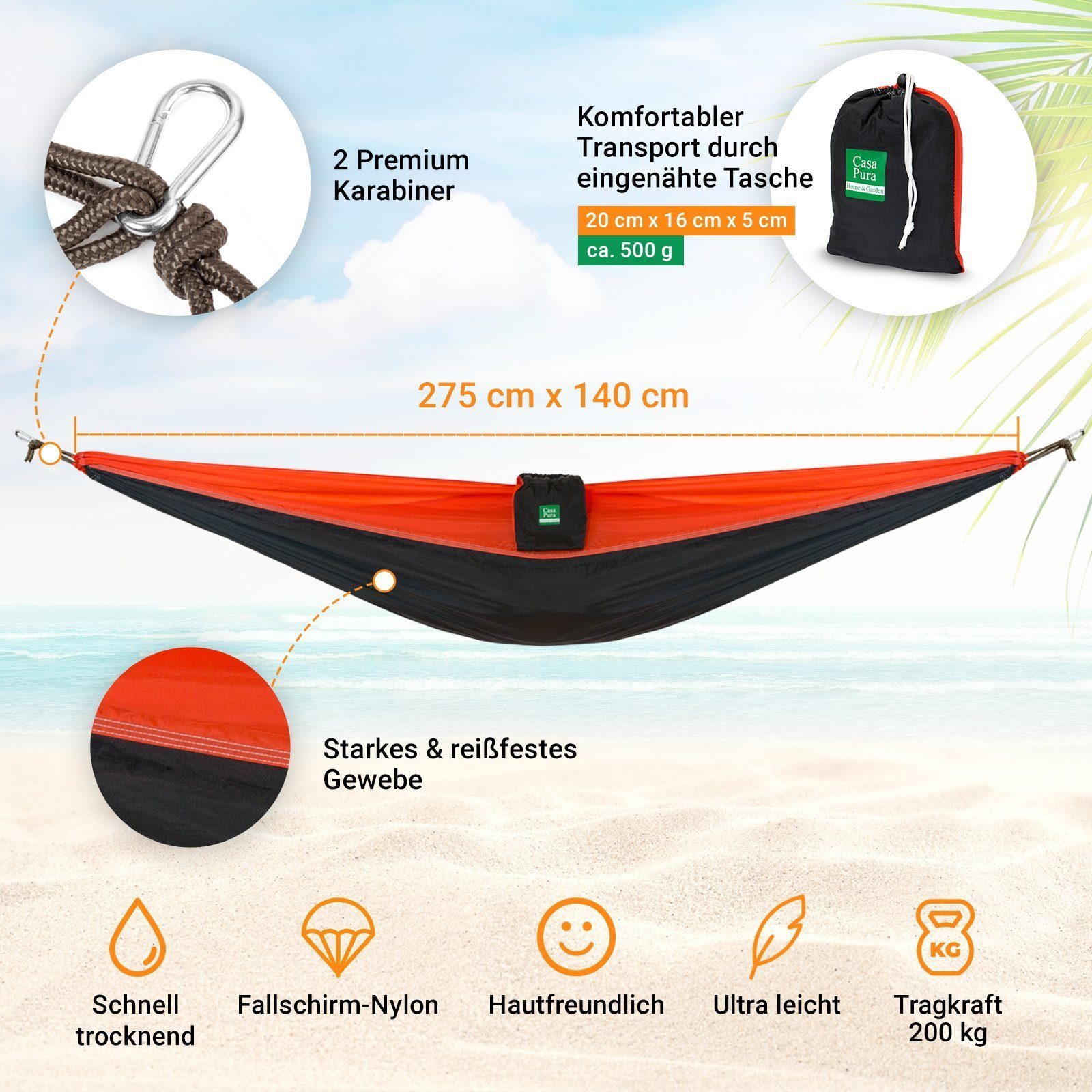 casa pura Hängematte Ultraleichte Hängematte Minca, 4 Farben, Hängesessel, 100% Fallschirm-Nylon