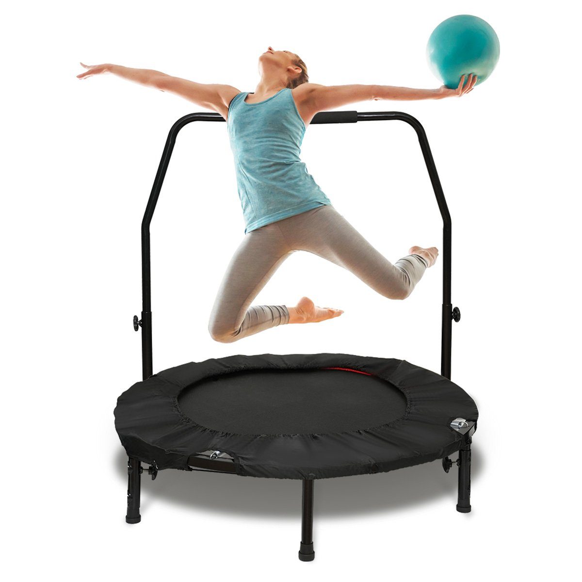 MULISOFT Fitnesstrampolin Fitness Trampolin Indoor Ø97/120cm Faltbar mit Haltegriff Metallfeder, Ø 97 cm, mit Randabdeckung, für Kinder und Erwachsene, Gartentrampolin