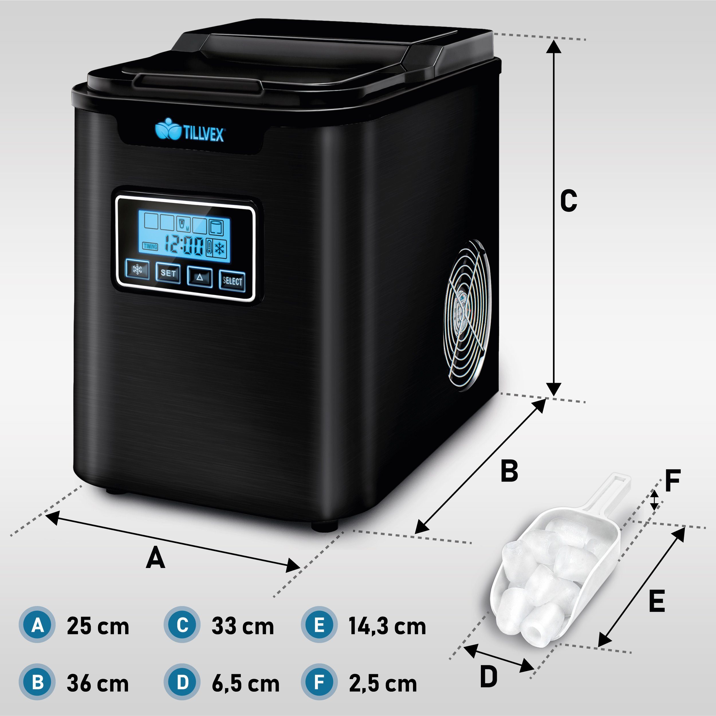 tillvex Eiswürfelmaschine Ice Maker 12 kg - 24 h Edelstahl, Mit Timer & LCD-Display, 2,2L Wassertank & Selbstreinigungsfunktion, 3 Eiswürfel Größen