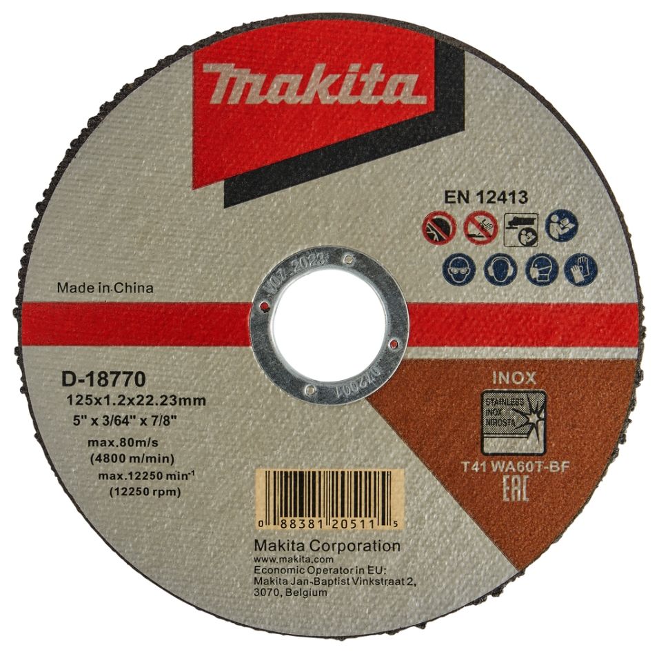 Accesorios Makita D-18770-100 Disco de corte de acero inoxidable 125 x 22,23 x 1,2 mm Paquete de 100 unidades