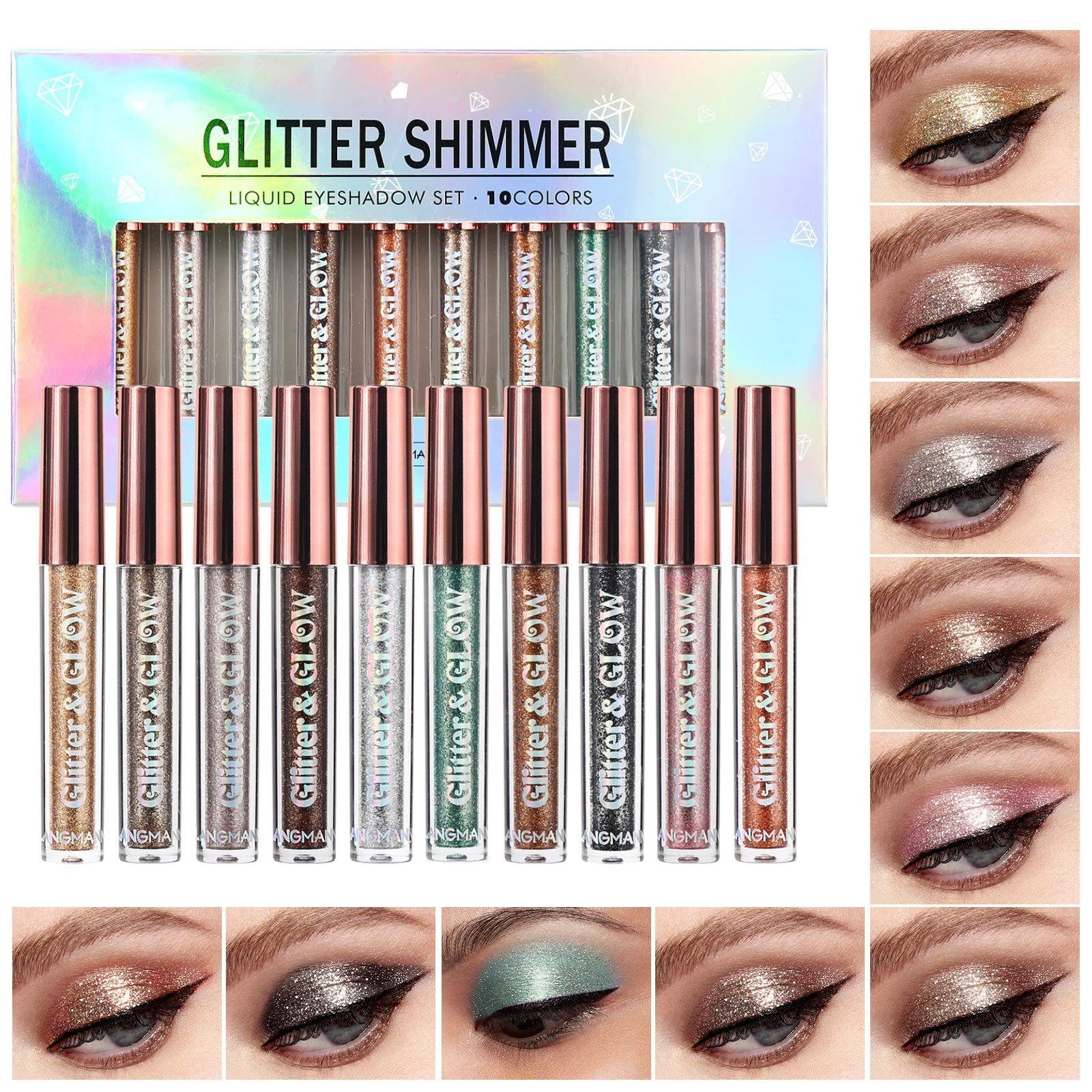 Haiaveng Lidschatten 10PCS flüssiger Glitter Lidschatten Metallischer Schimmer Lidschatten, Cremiger Veganer Lidschatten