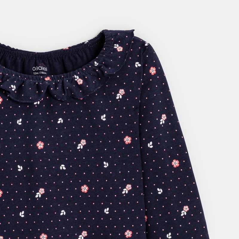 Tee-shirt fleuri col à volants bleu bébé fille