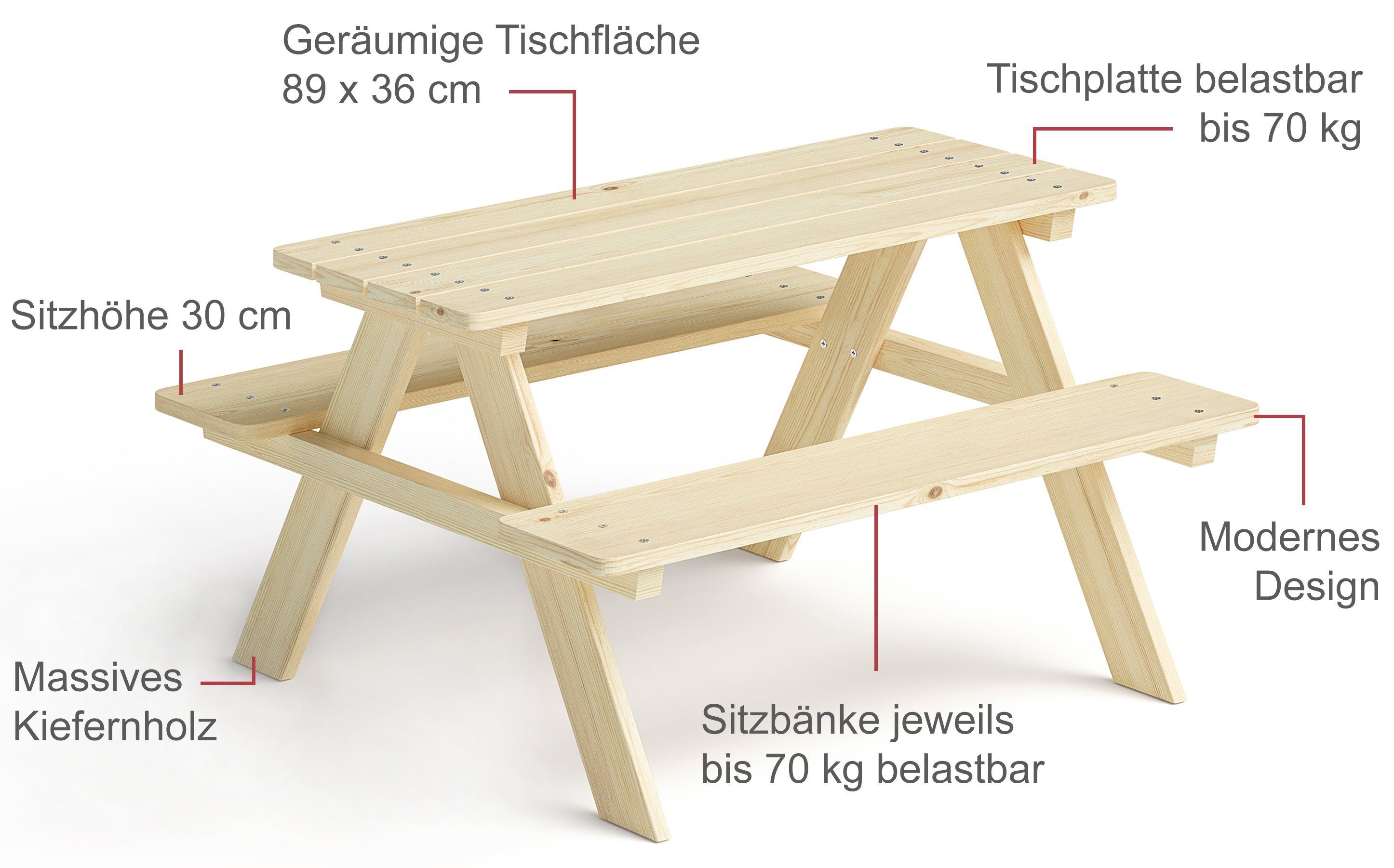 Bellabino Kindersitzgruppe Inny, (Sitzgruppe für Draußen, 1x Tisch, 2x Bank), für 4 Personen, unbehandelt, aus Kiefer Massivholz