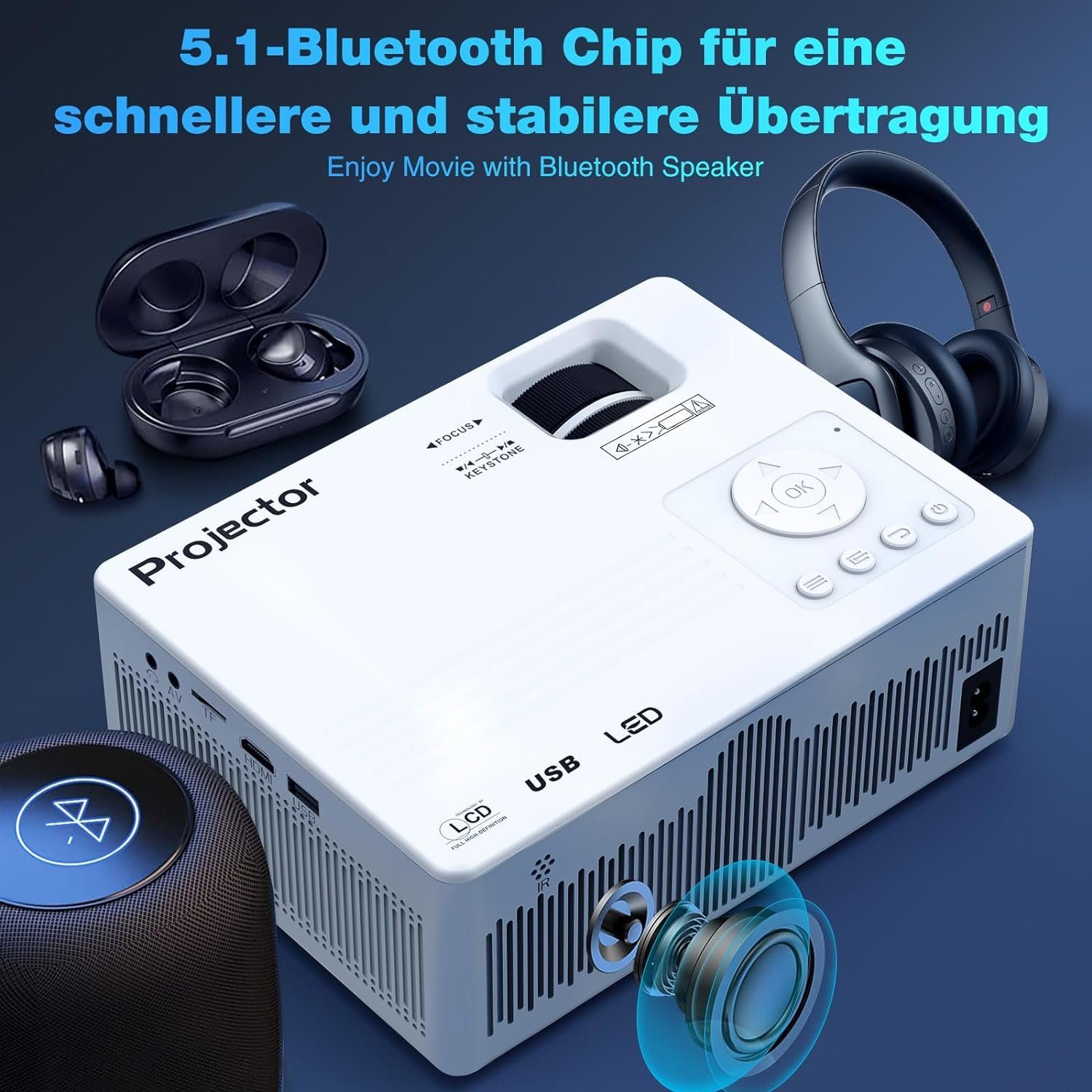 Rosemary Conley Native 1080P 5G WiFi Bluetooth, 350 ANSI 4K unterstützt Filmprojektor Portabler Projektor (13000 lm, 10000:1, 3840 x 2160 px, Maximal 300“ Display Heimkino Video kompatibel TV-Stick Mobiltelefon)