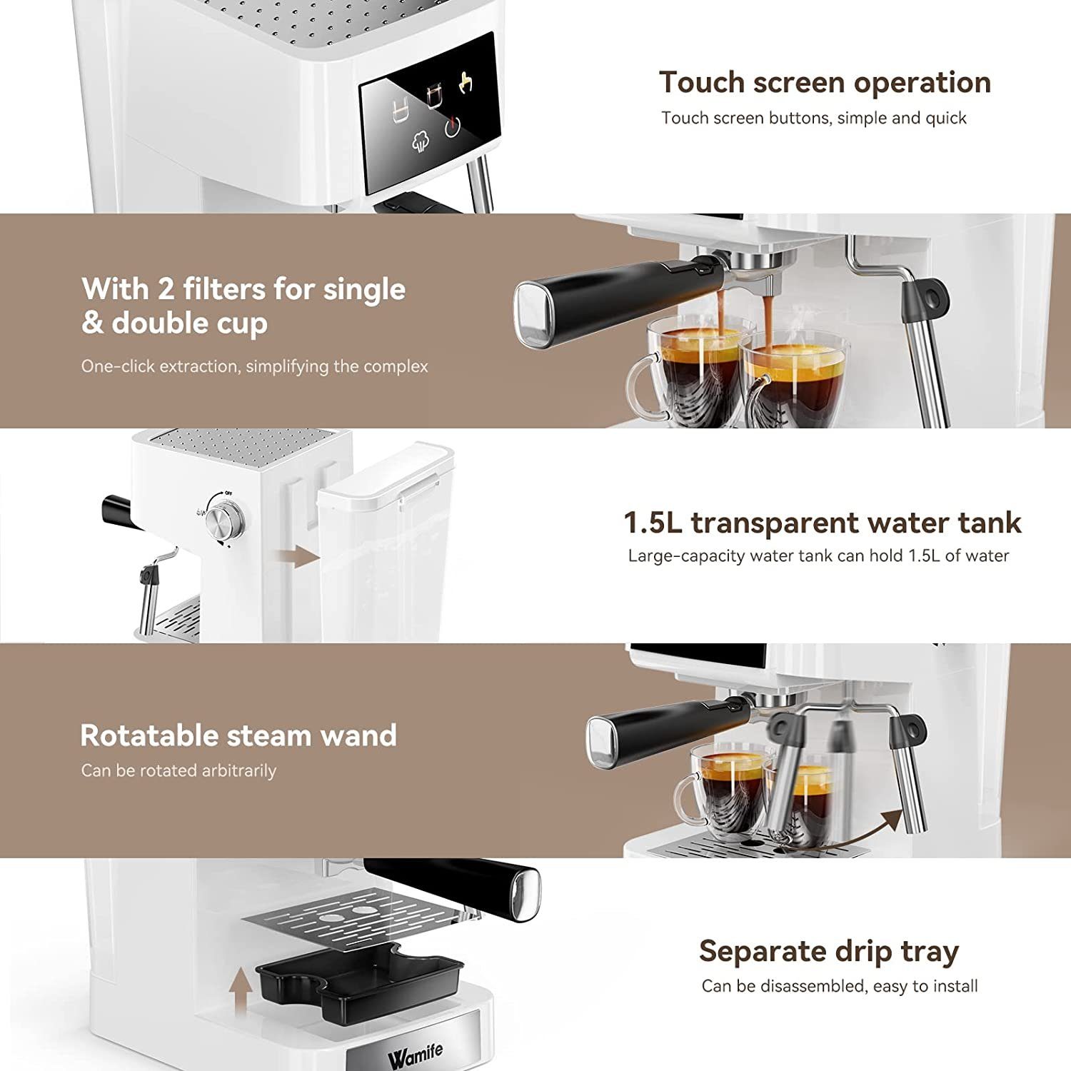 Daskoo Filterkaffeemaschine Espressomaschine Kaffeemaschine mit Milchschäumer 1.5L, 15 Bar Siebträgermaschine, Duale Temperaturkontrolle