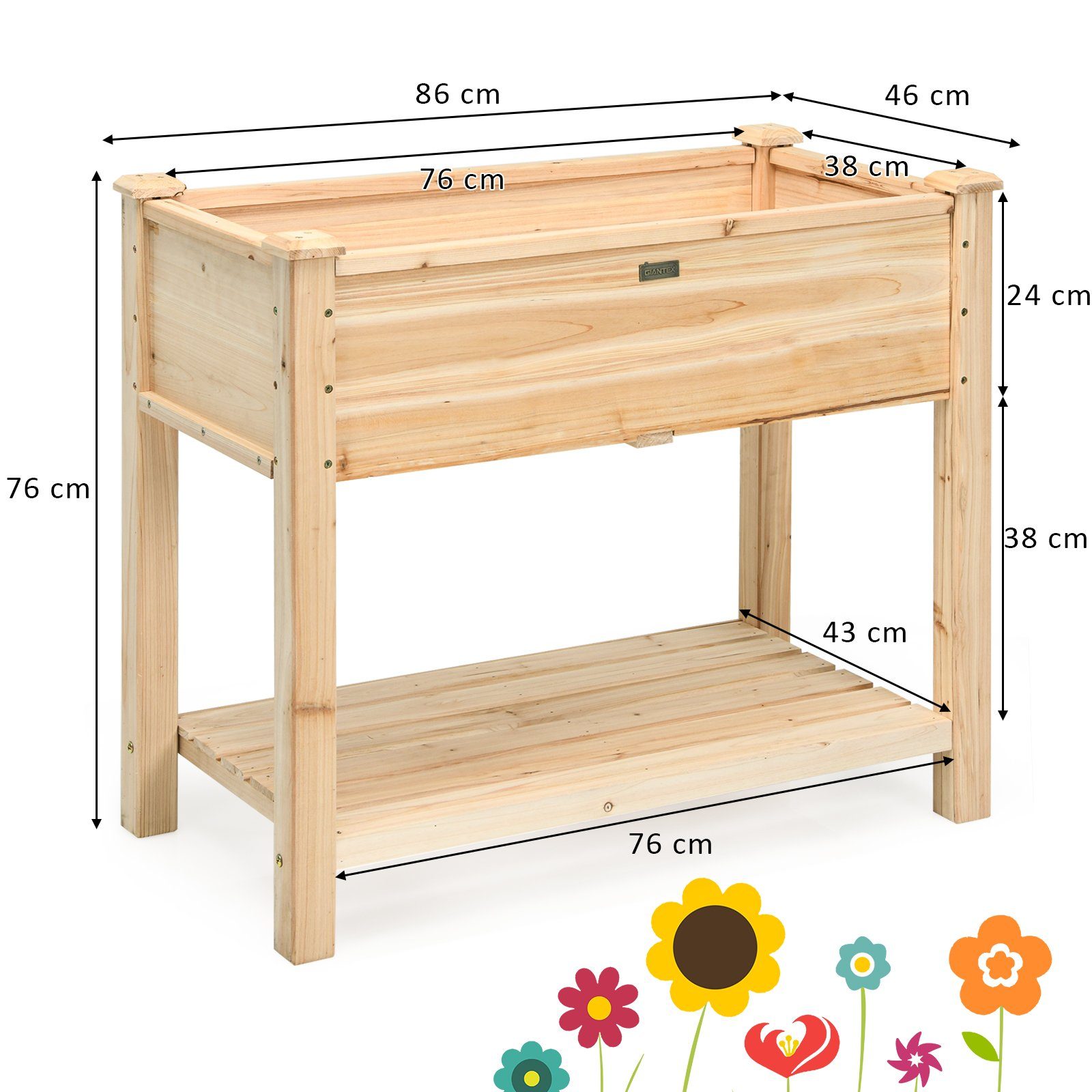 COSTWAY Hochbeet Pflanzkübel, Pflanzkasten, mit Ablage, 86x46x76 cm