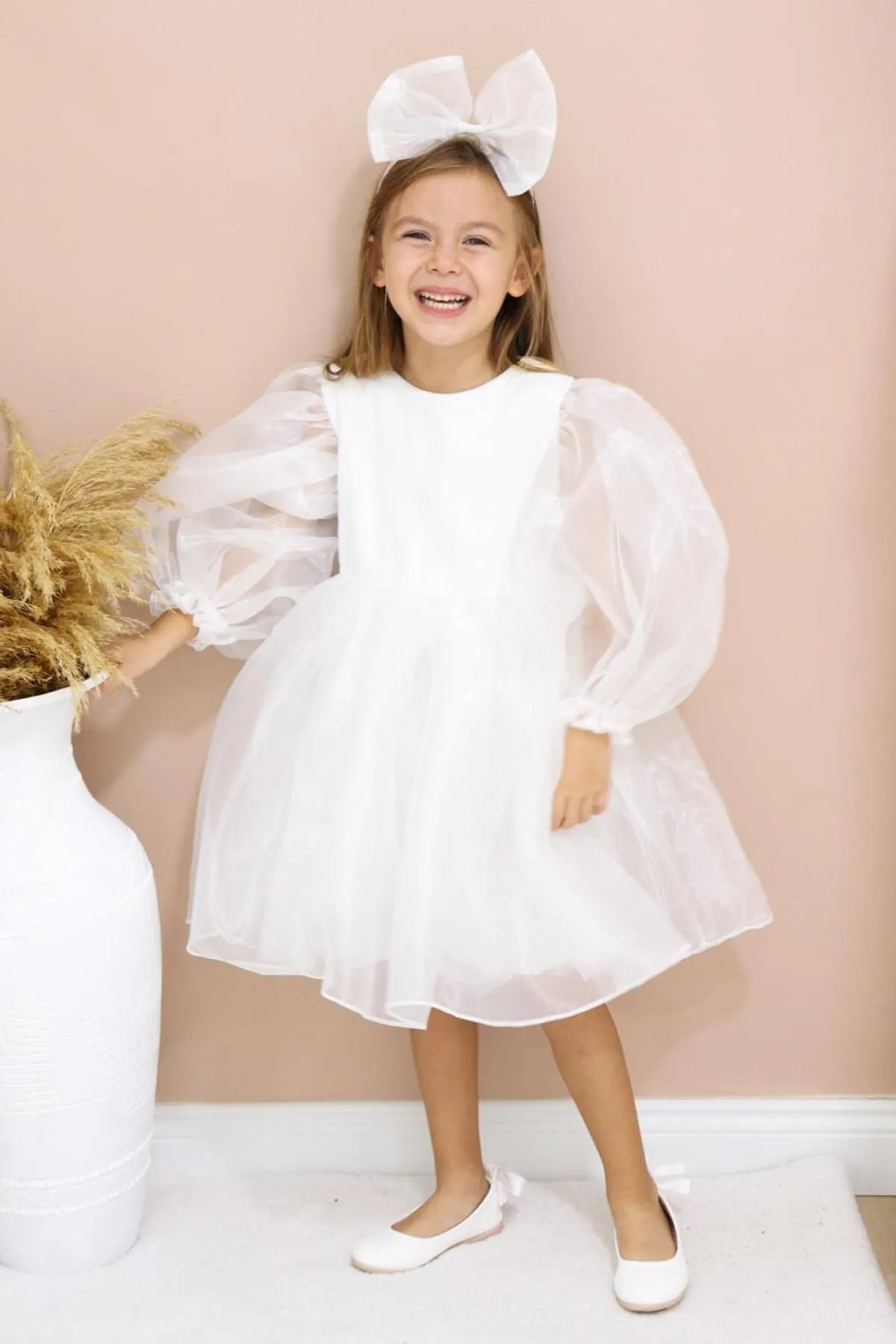 Le Mabelle  Weißes, langärmliges Organza-Partykleid für Mädchen – Salbei