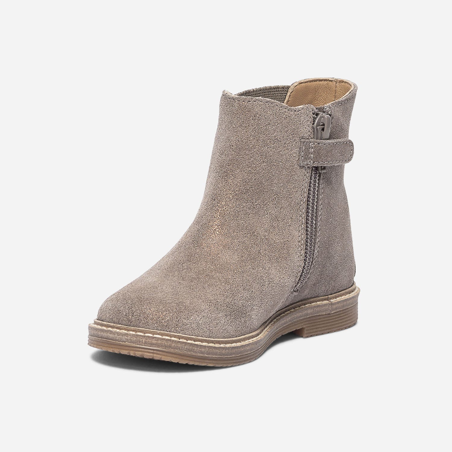 Chelsea boots taupe irisé en cuir velours avec plumes