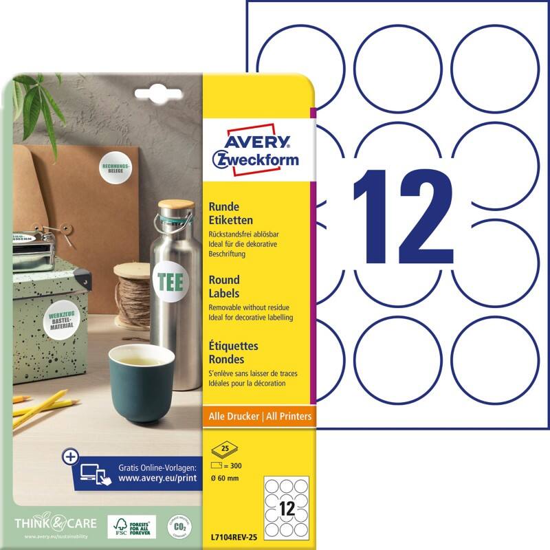 AVERY Zweckform L7104REV-25 Ablösbare Etiketten DIN A4 Weiß 25 Blatt à 12 Etiketten