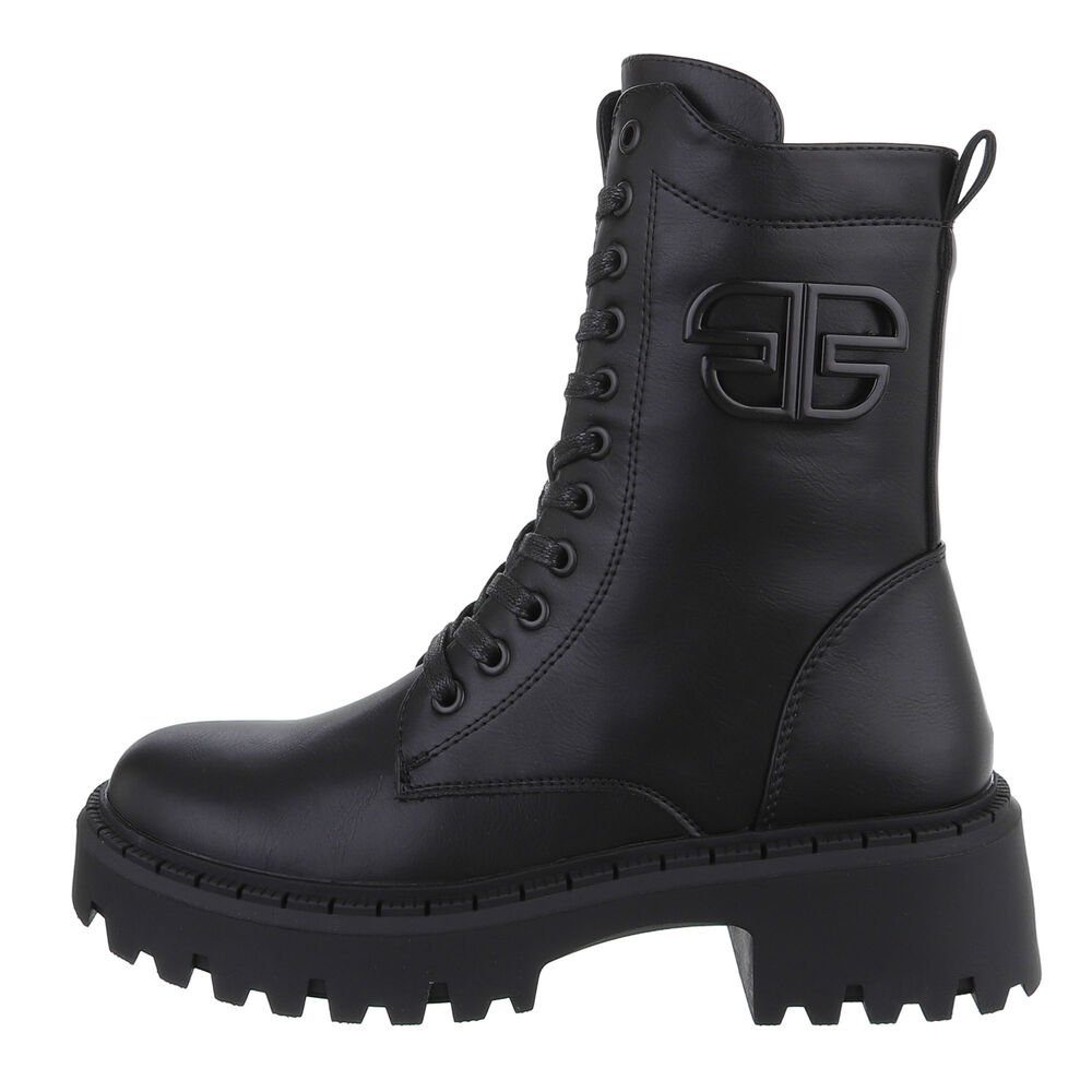 Ital-Design Damen Schnürschuhe Freizeit Schnürstiefelette Blockabsatz Plateaustiefeletten in Schwarz