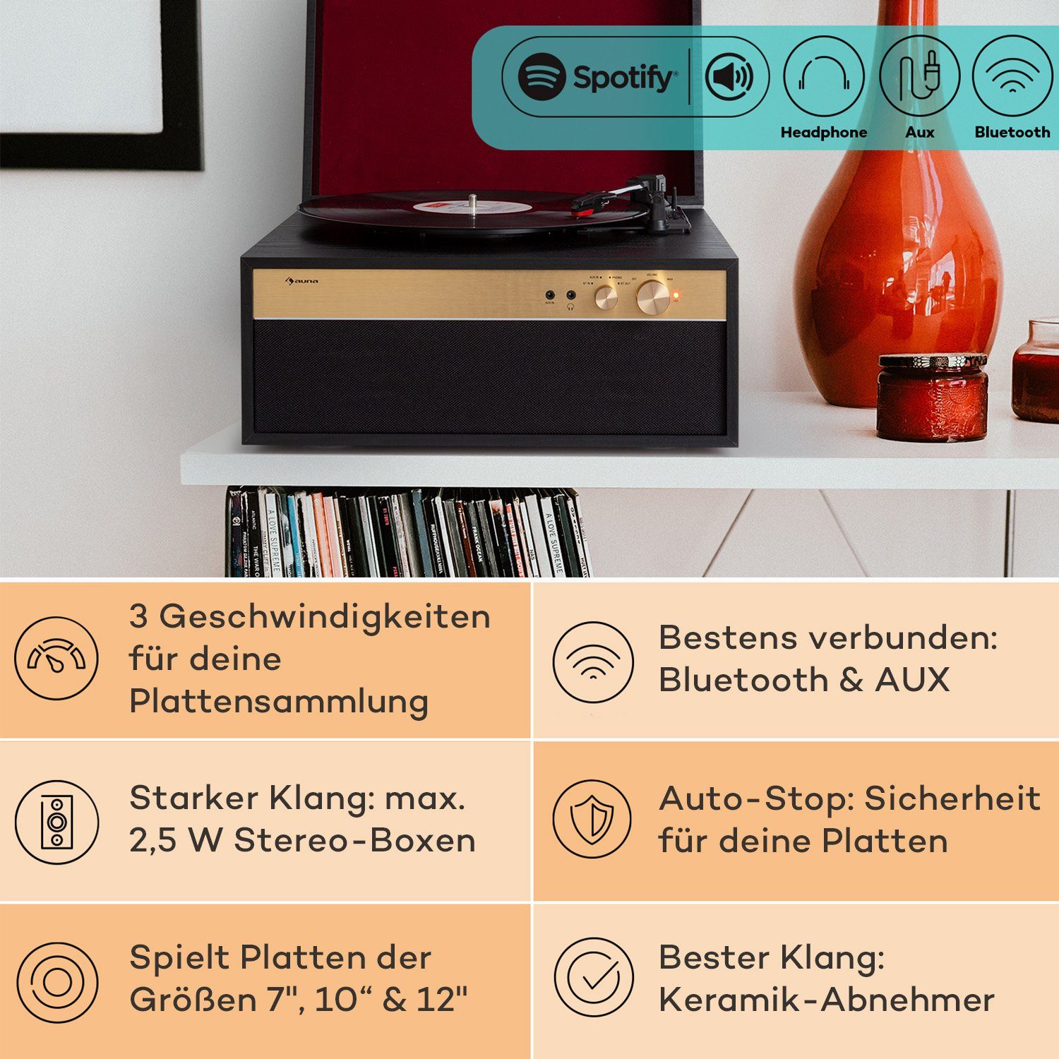 Auna Berklee TT Case Plattenspieler (Riemenantrieb, Bluetooth, Bluetooth lautsprecher Kopfhöreranschluss AUX IN Schwarz)