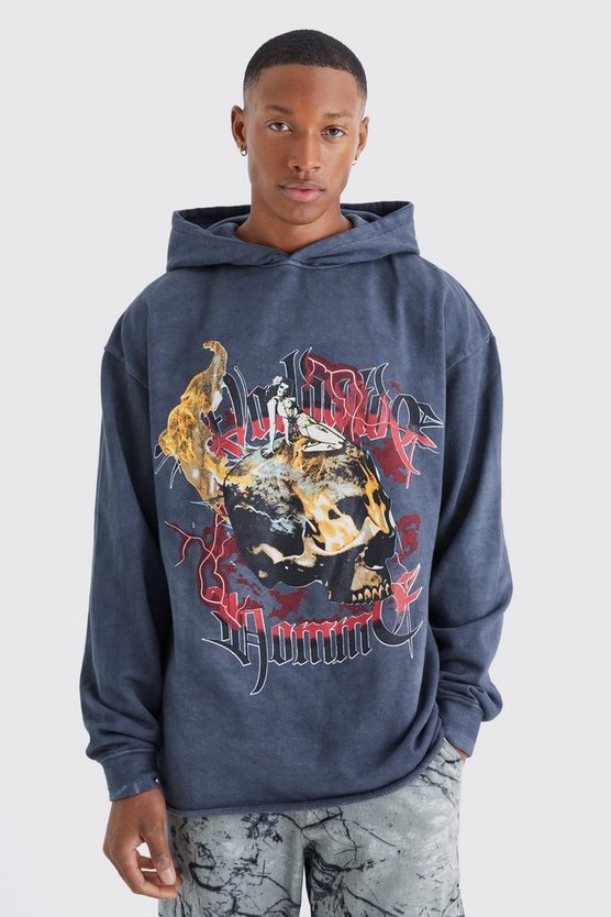 Oversize Hoodie mit rohem Saum und Print