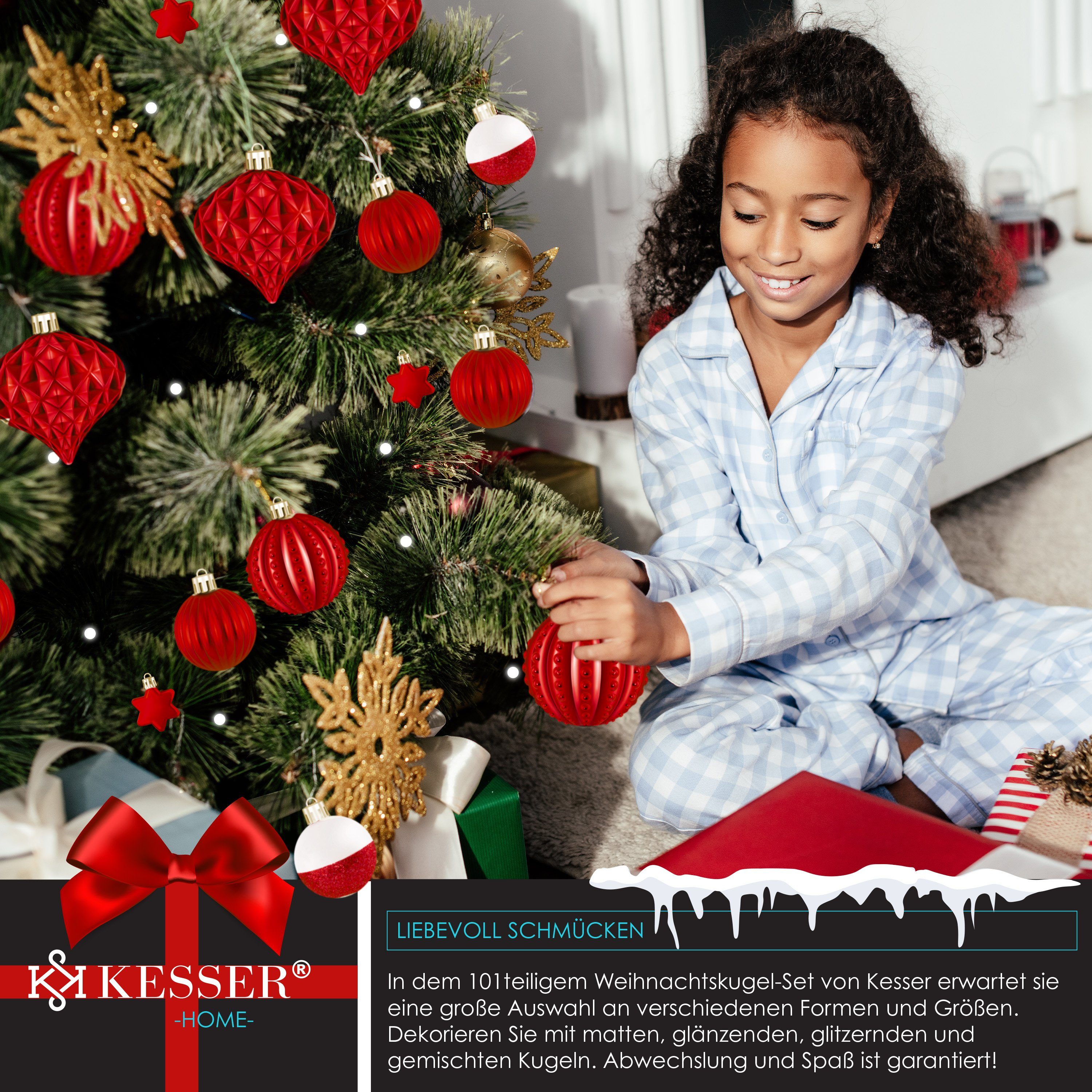 KESSER Christbaumschmuck (101-tlg), Weihnachtskugeln 101-teiliges Set Baumspitze Christbaumk