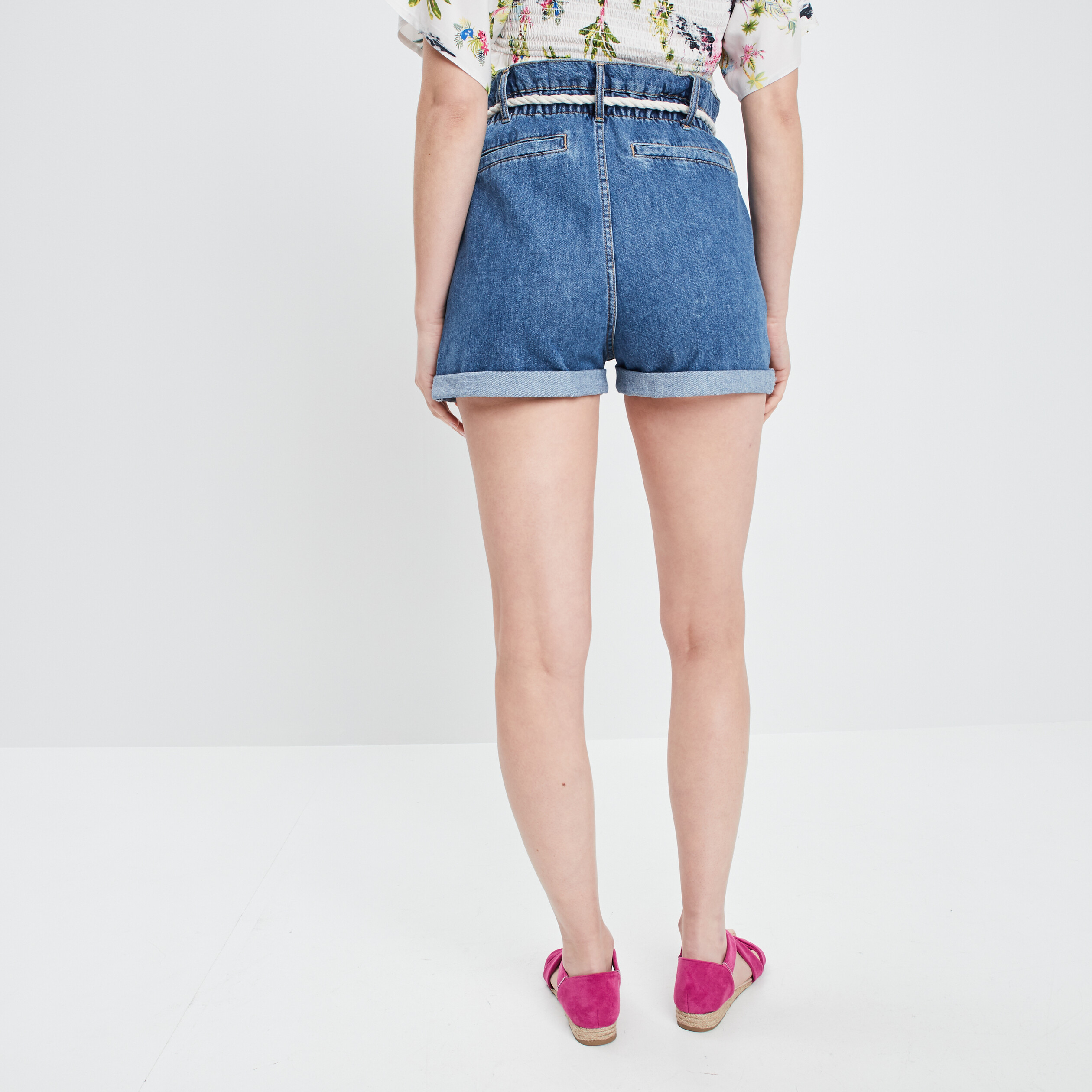 Short paperbag en jean denim stone femme | La Halle