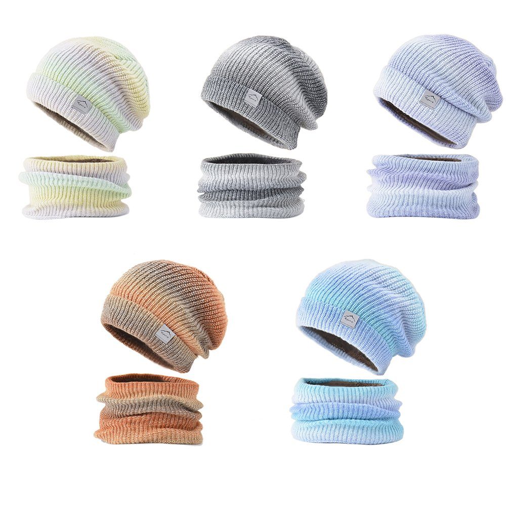 Strickmütze Damen Wollmütze verdickt warme Ohrenschützer kalt gestrickt Mütze (Zweiteiliges Set, bestehend aus Mütze und Schal) Verdickte warme Wollmütze mit Farbverlauf