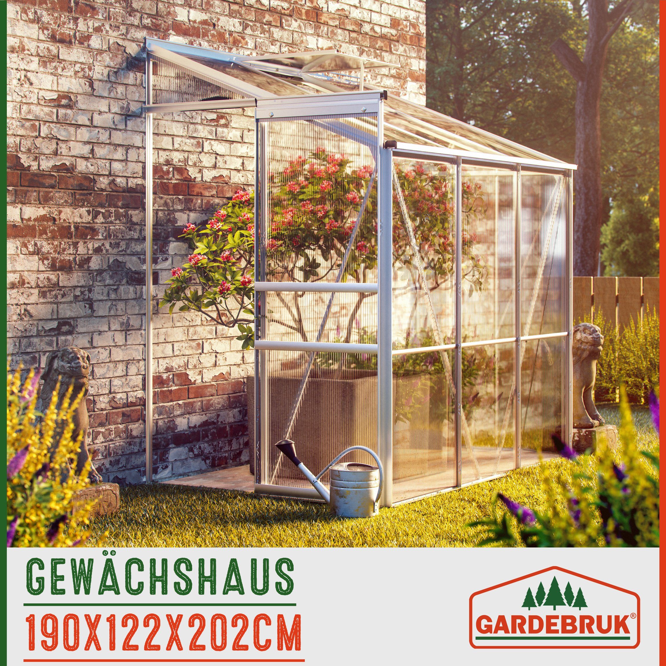 Gardebruk Gewächshaus, Beistell Aluminium 3,8m³ 190x122cm Treibhaus Gartenhaus Frühbeet