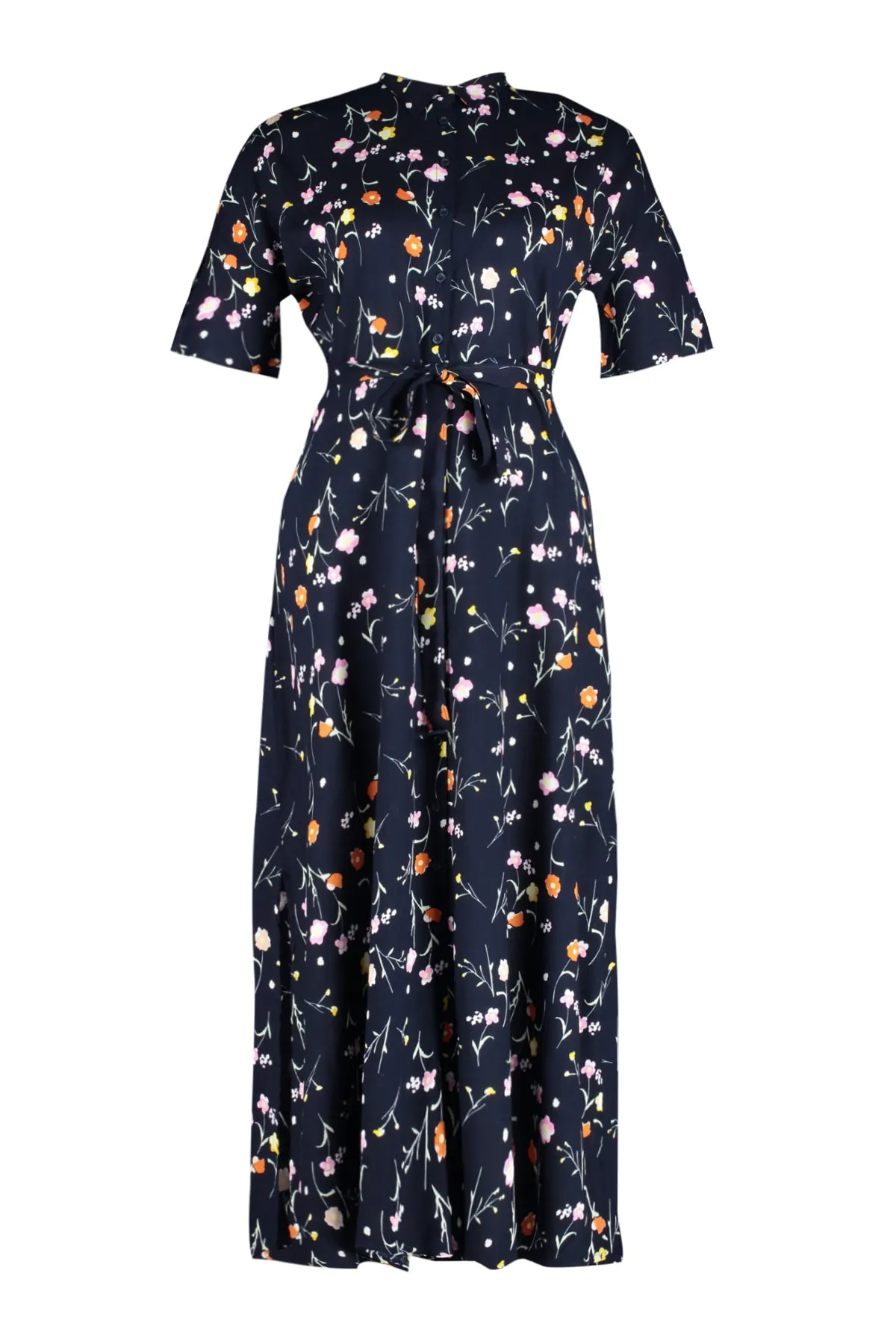 Trendyol Curve  Marineblaues Kleid mit gewebtem Blumenmuster und Schlitzdetail TBBSS22EL1612