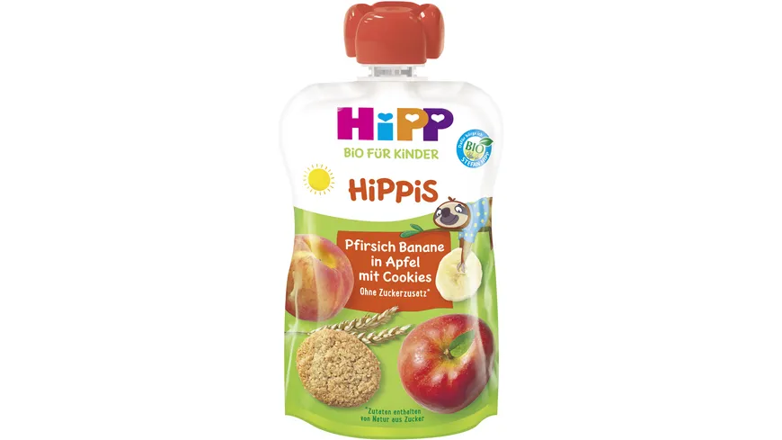HiPP Bio für Kinder HiPPiS mit Vollkorn Pfirsich-Banane in Apfel mit Cookies 100 g