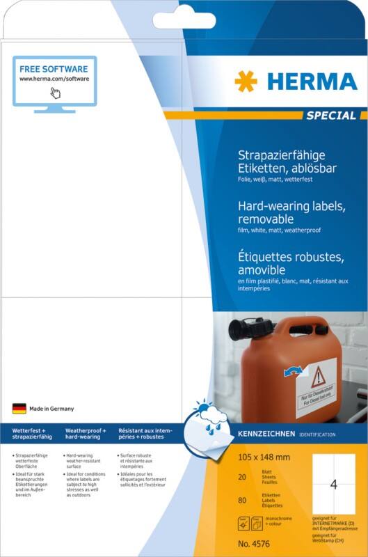 HERMA Wetterfeste Etiketten 4576 DIN A4 Weiß Rechteckig 105 x 148 mm 20 Blatt à 4 Etiketten