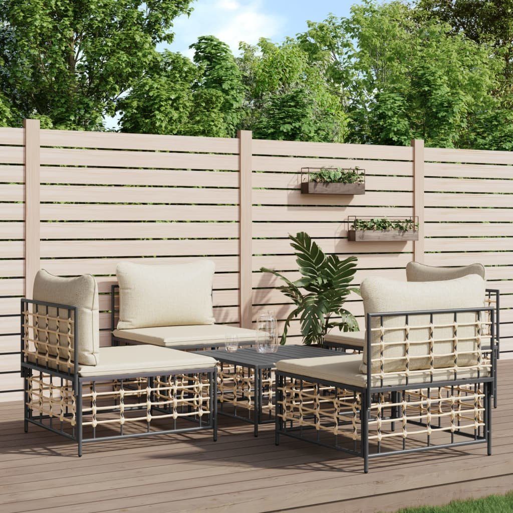 vidaXL Loungesofa 5-tlg. Garten-Lounge-Set mit Kissen Anthrazit Poly Rattan, 5 Teile