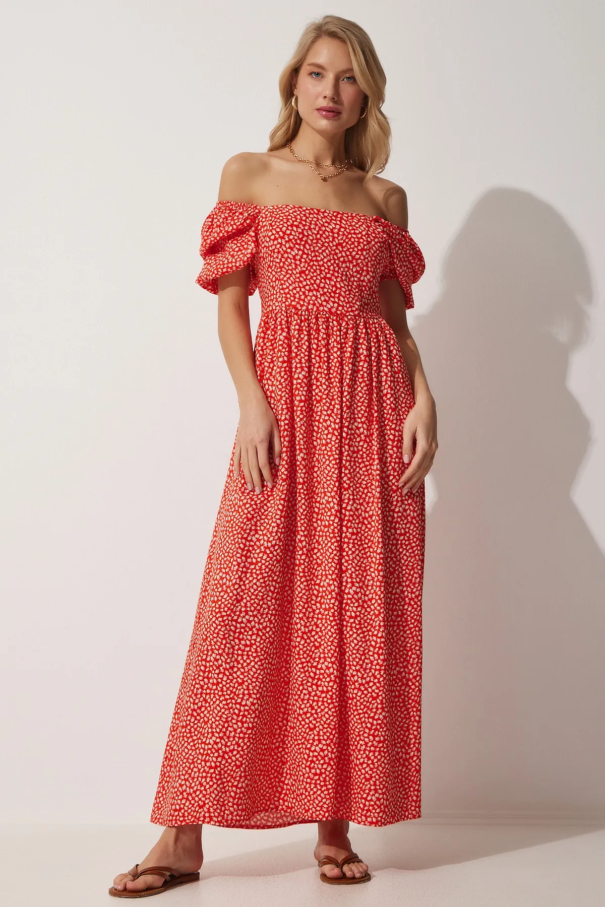Happiness İstanbul  Damen-Sommerkleid mit Granatapfel-Blume, Carmen-Kragen, Blumenmuster, DK00151