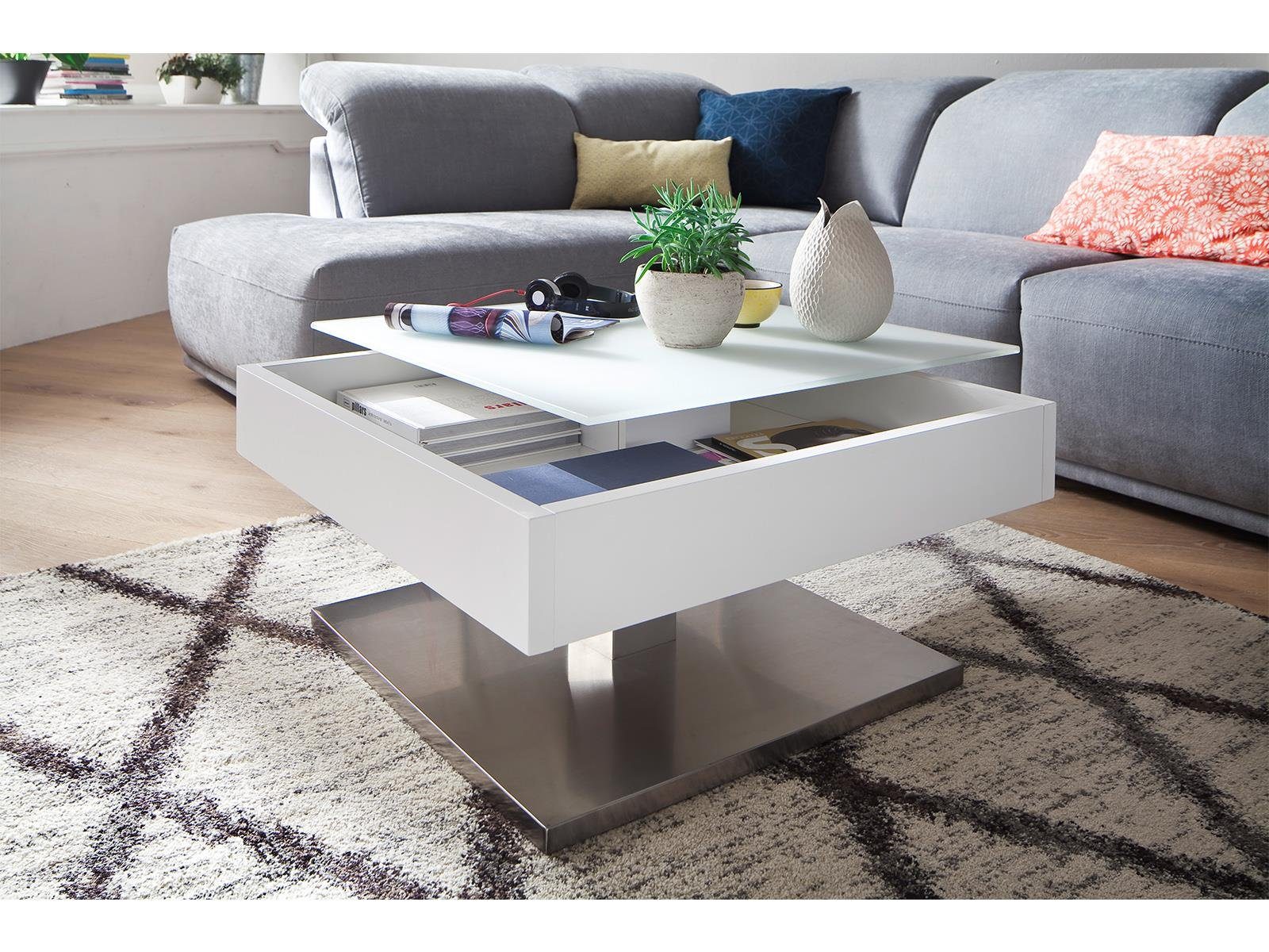 möbelando Couchtisch Marcie, Moderner Couchtisch aus MDF in Weiß matt lackiert, Deckplatte aus Sicherheitsglas, Sockel aus Metall in Edelstahl-Optik gebürstet mit MDF Kern. Breite 75 cm, Höhe 38 cm, Tiefe 75 cm