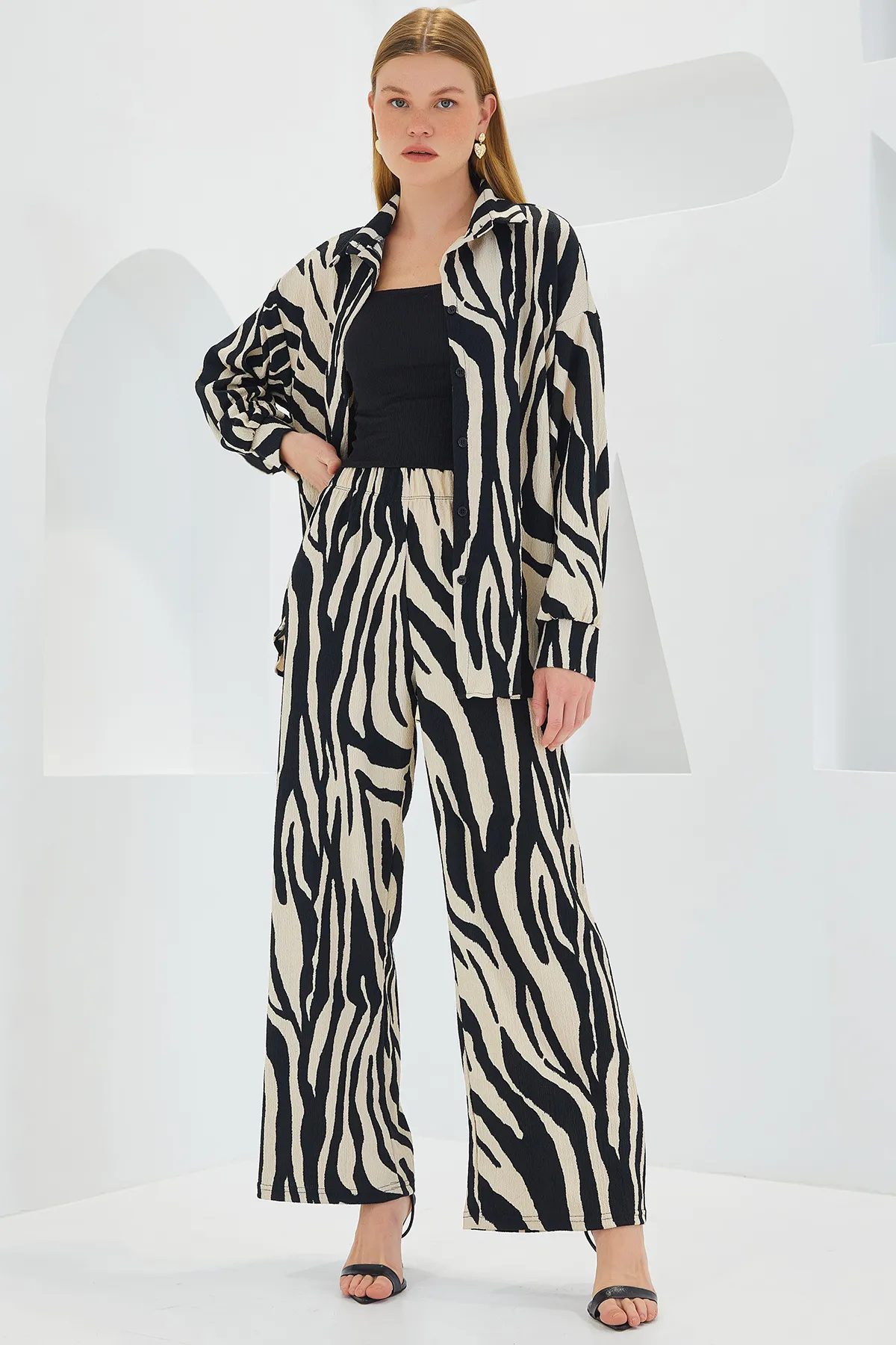 Bigdart  Gemusterter Damen-Doppelanzug aus Strick in Schwarz und Creme 5858