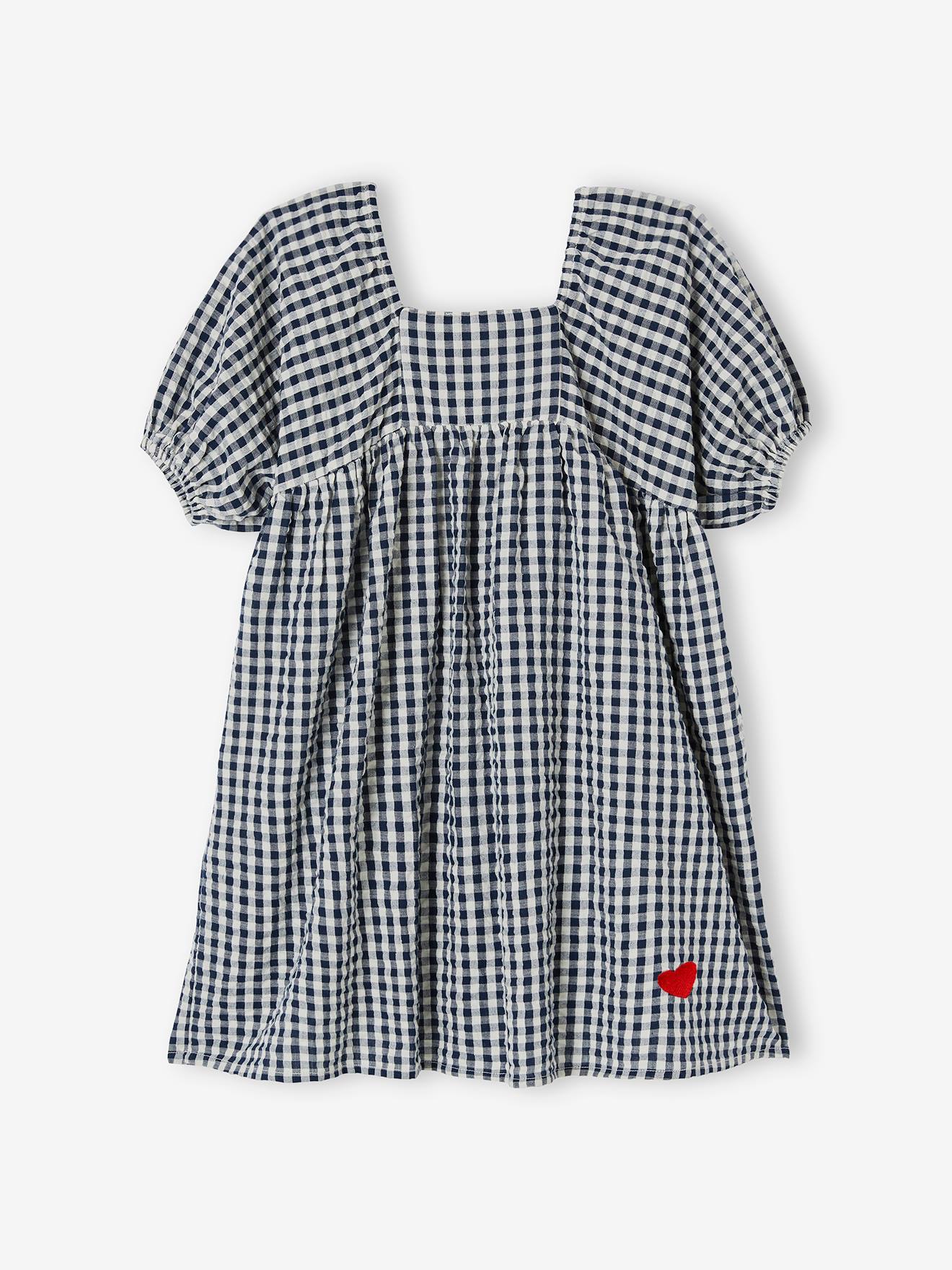 Robe à carreaux vichy fille manche boules carreaux marine